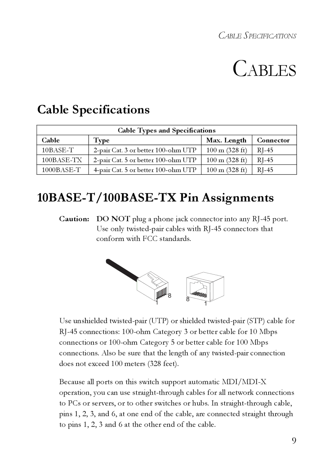 SMC Networks SMCGS24 manual Cables, Cable Specifications, 10BASE-T/100BASE-TX Pin Assignments 