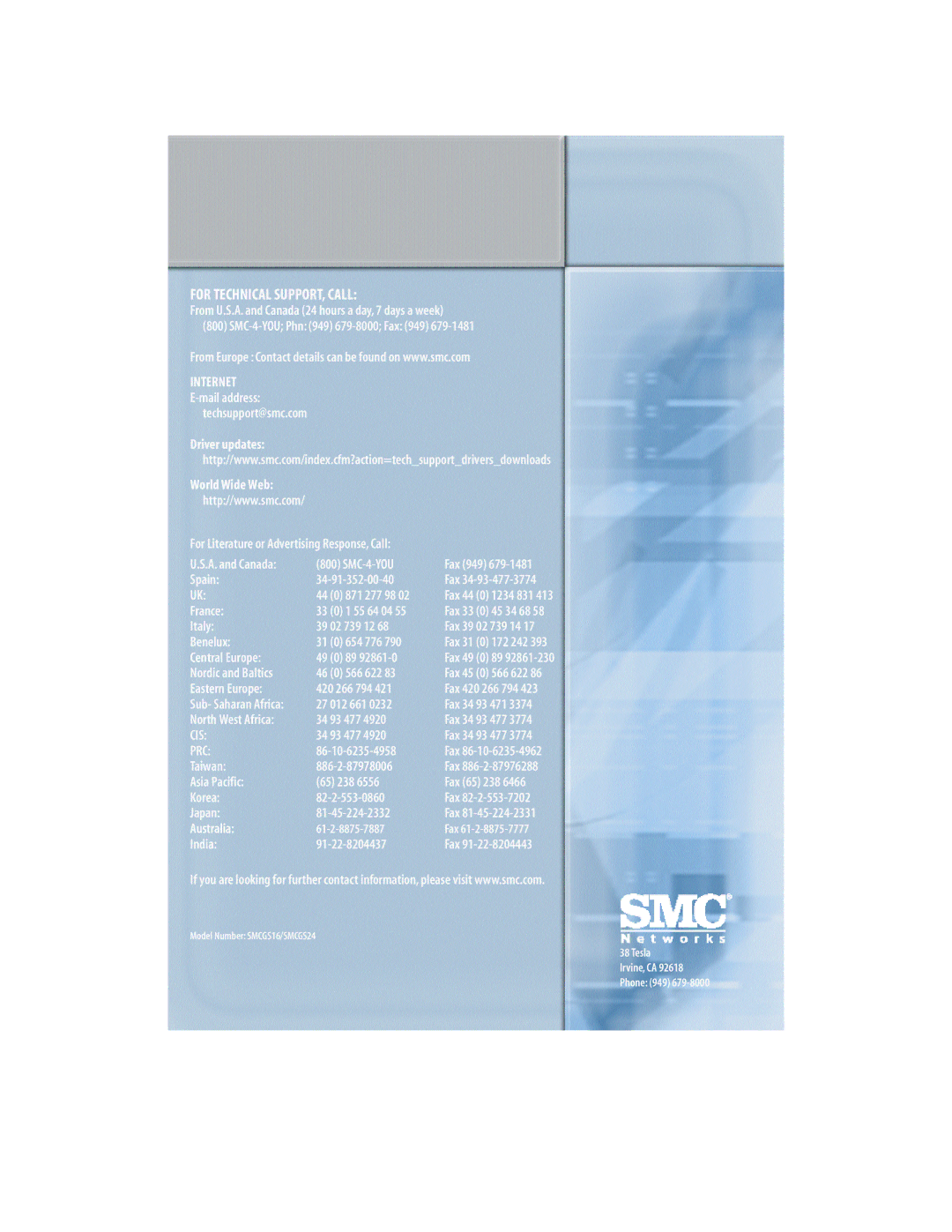 SMC Networks SMCGS24 manual For Technical SUPPORT, Call 