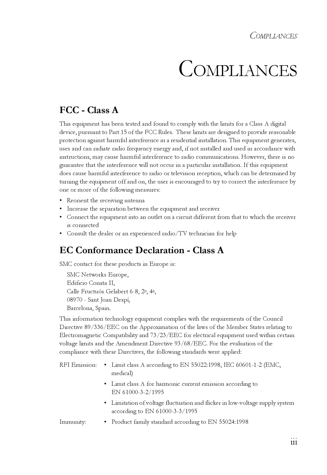 SMC Networks SMCGS24 manual Compliances, FCC Class a, EC Conformance Declaration Class a 