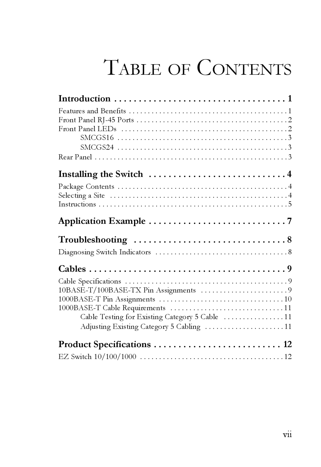SMC Networks SMCGS24 manual Table Of Contents, Introduction, Installing the Switch, Cables, Product Specifications 
