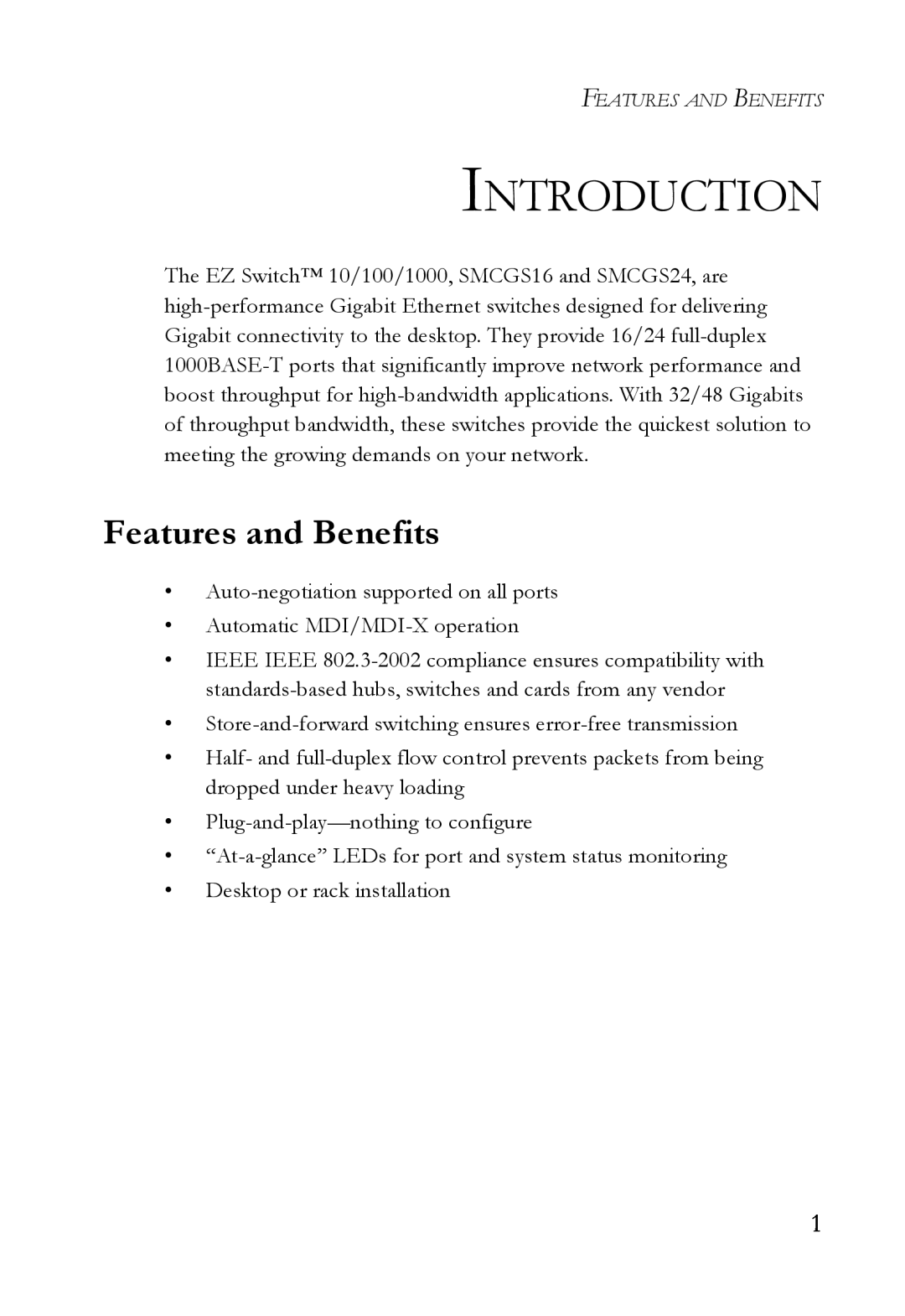 SMC Networks SMCGS24 manual Introduction, Features and Benefits 