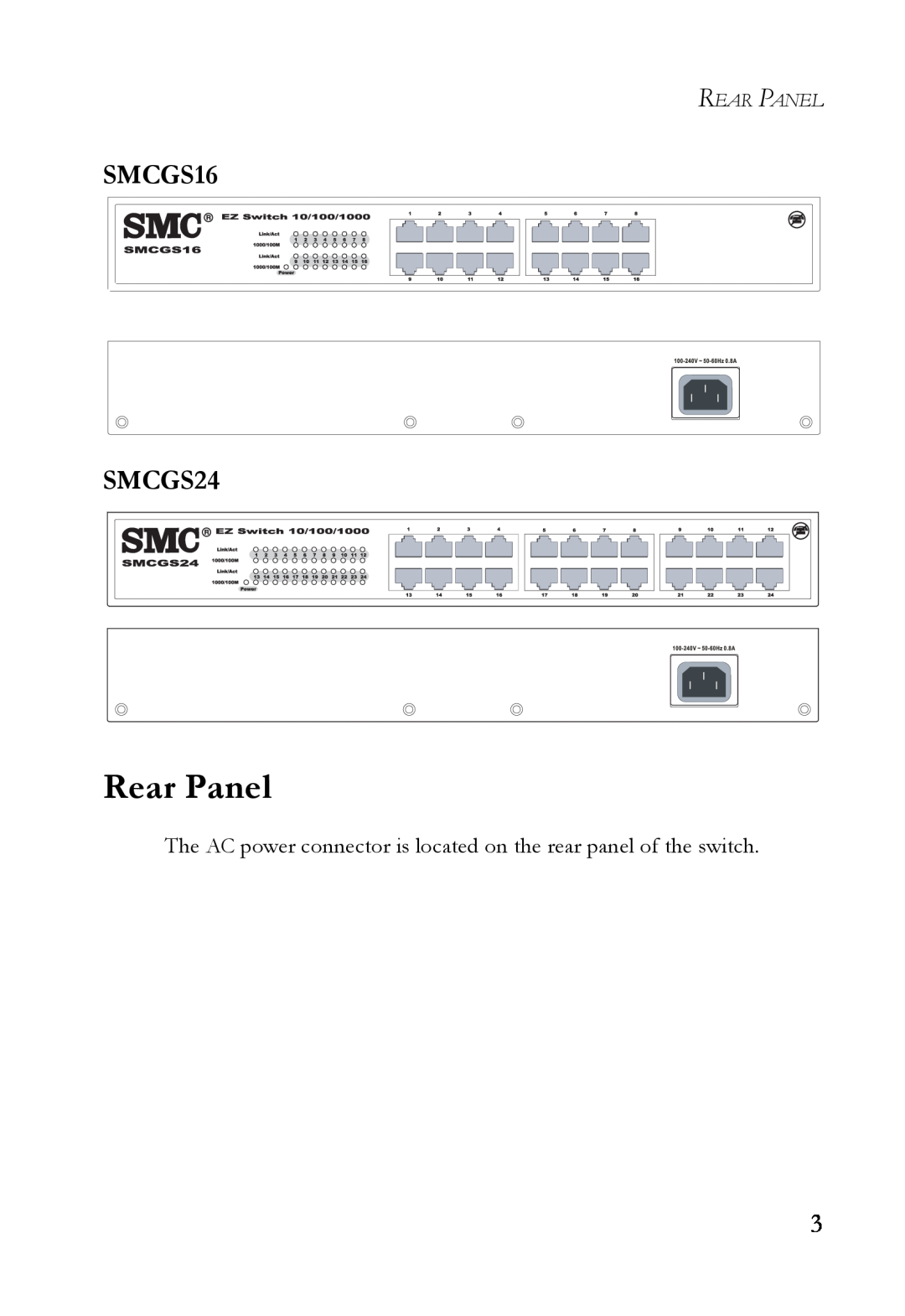 SMC Networks manual Rear Panel, SMCGS16 SMCGS24 