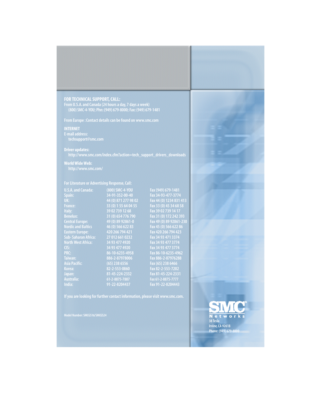 SMC Networks SMCGS24 manual For Technical Support, Call, Nordic and Baltics, North West Africa, Fax 65, 61-2-8875-7887 