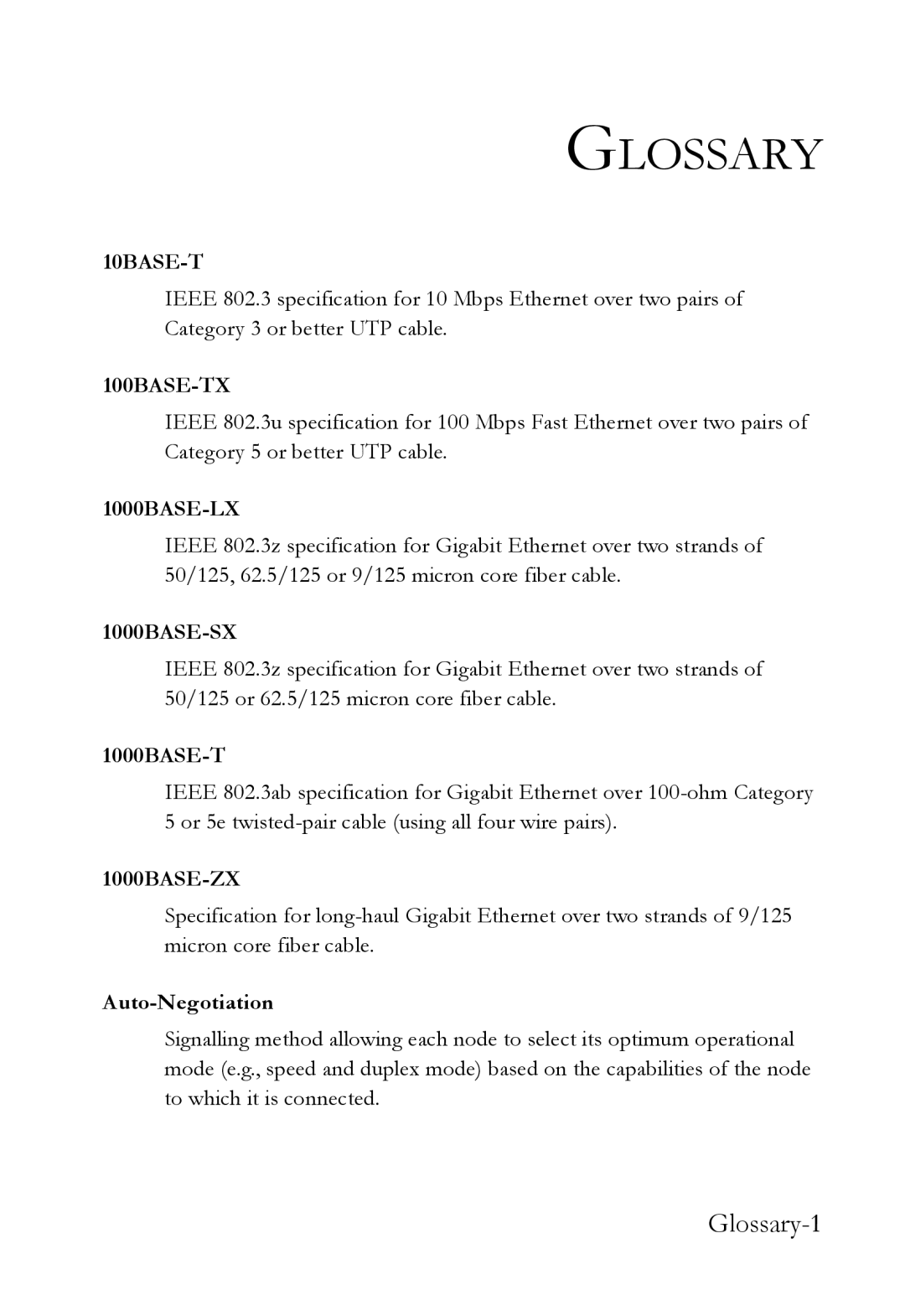 SMC Networks SMCGS24C-Smart manual Glossary-1, 1000BASE-T, Auto-Negotiation 