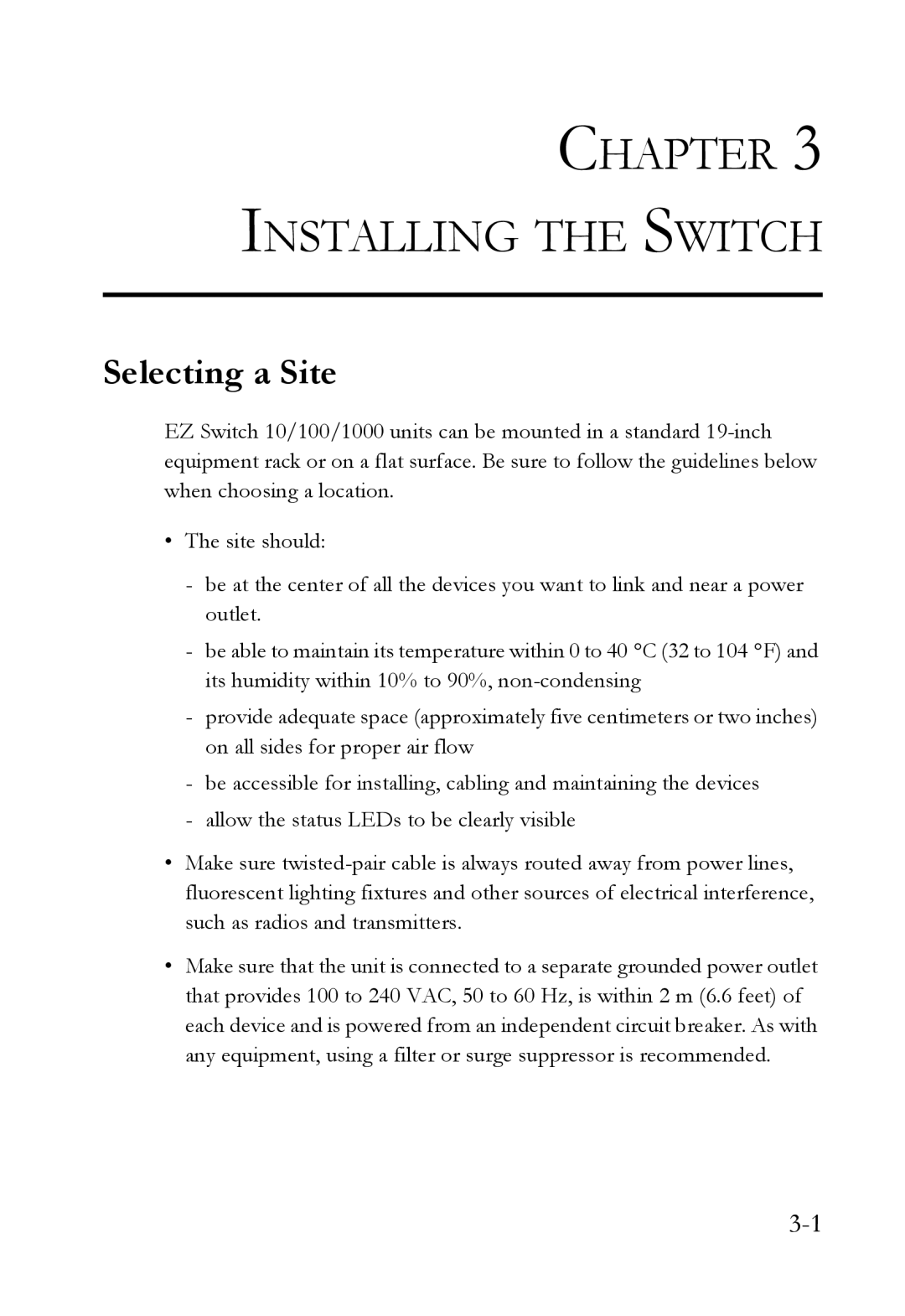 SMC Networks SMCGS24C-Smart manual Installing the Switch, Selecting a Site 