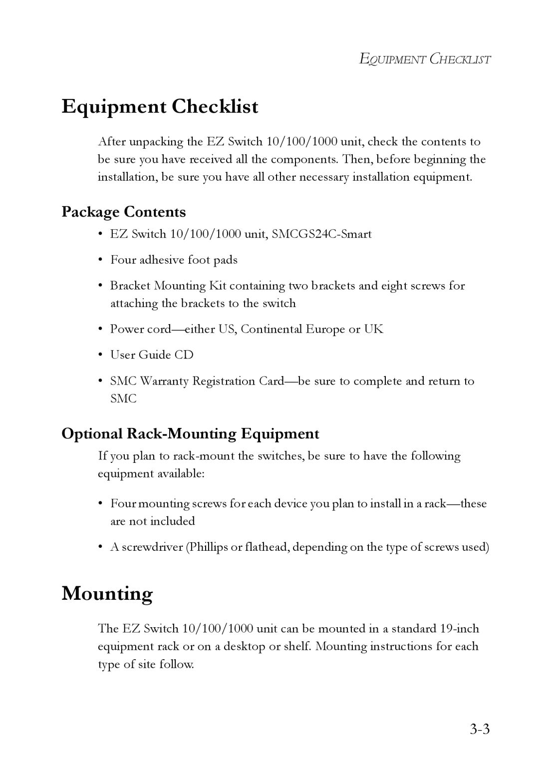 SMC Networks SMCGS24C-Smart manual Equipment Checklist, Package Contents, Optional Rack-Mounting Equipment 