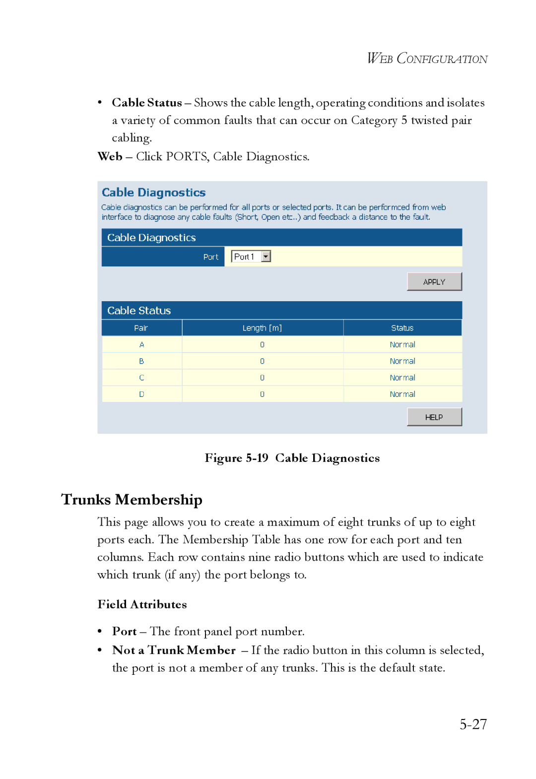 SMC Networks SMCGS24C-Smart manual Trunks Membership, Cable Diagnostics 