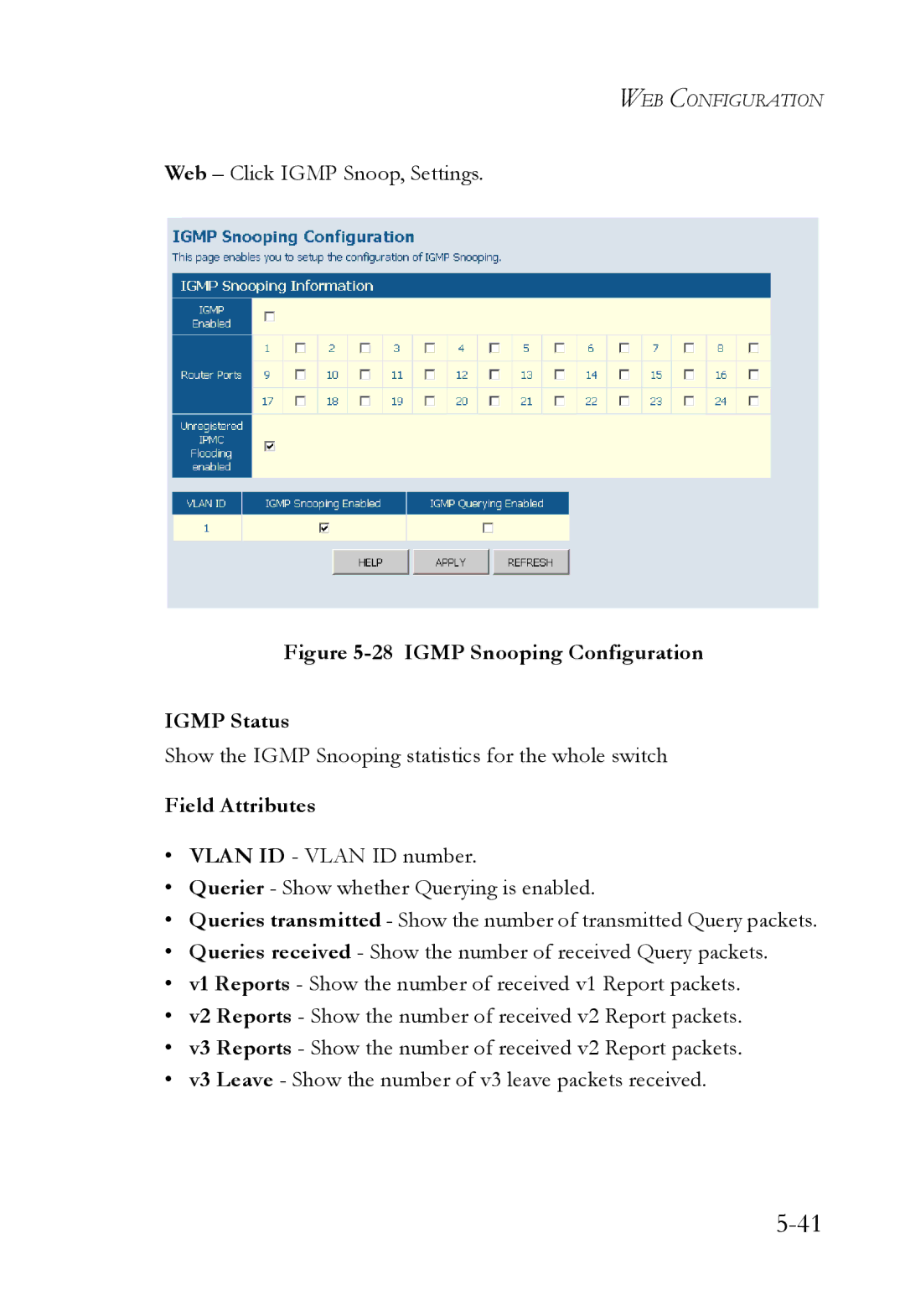 SMC Networks SMCGS24C-Smart manual Igmp Snooping Configuration Igmp Status 