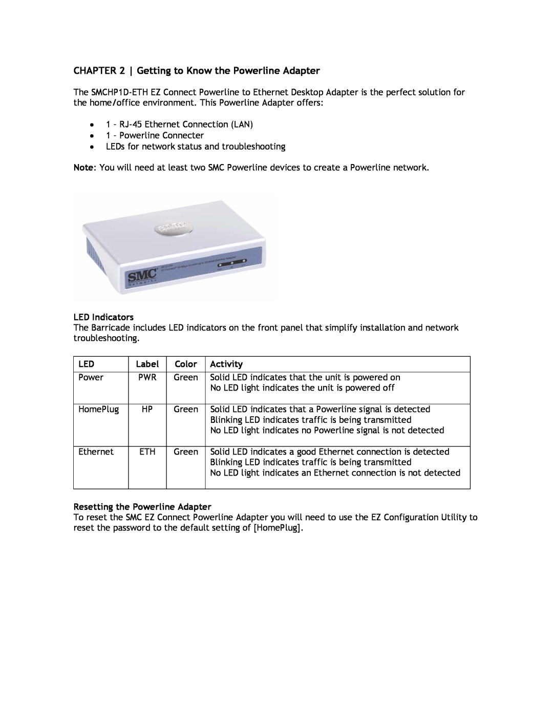 SMC Networks SMCHP1D-ETH manual Getting to Know the Powerline Adapter, LED Indicators, Label, Color, Activity 