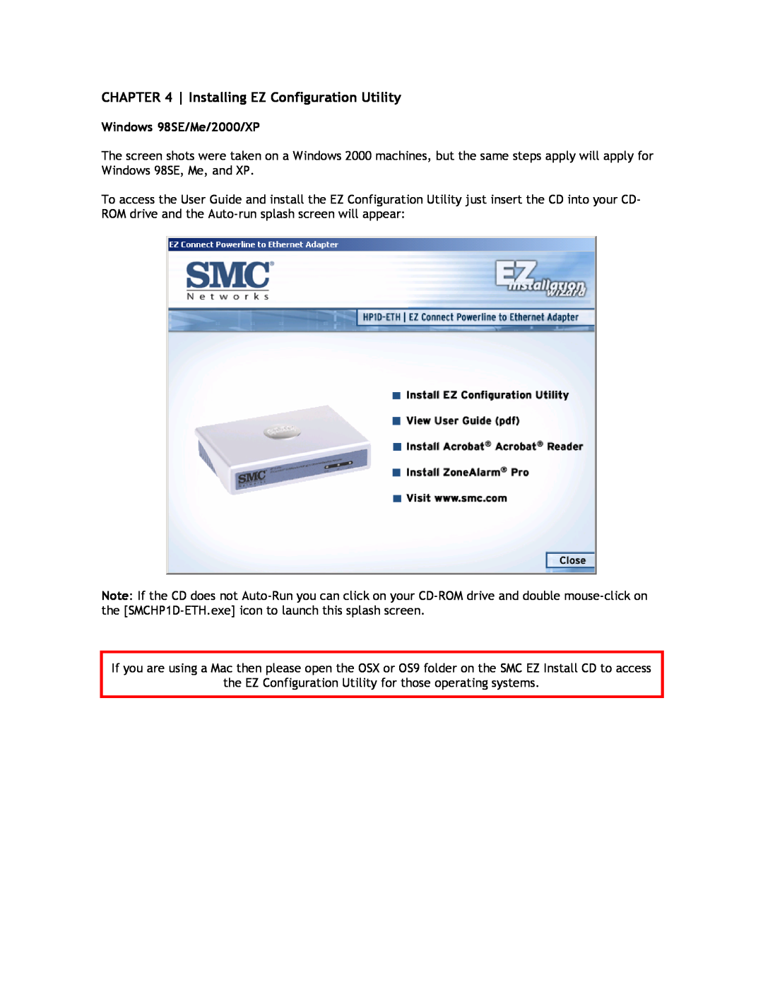 SMC Networks SMCHP1D-ETH manual Installing EZ Configuration Utility, Windows 98SE/Me/2000/XP 