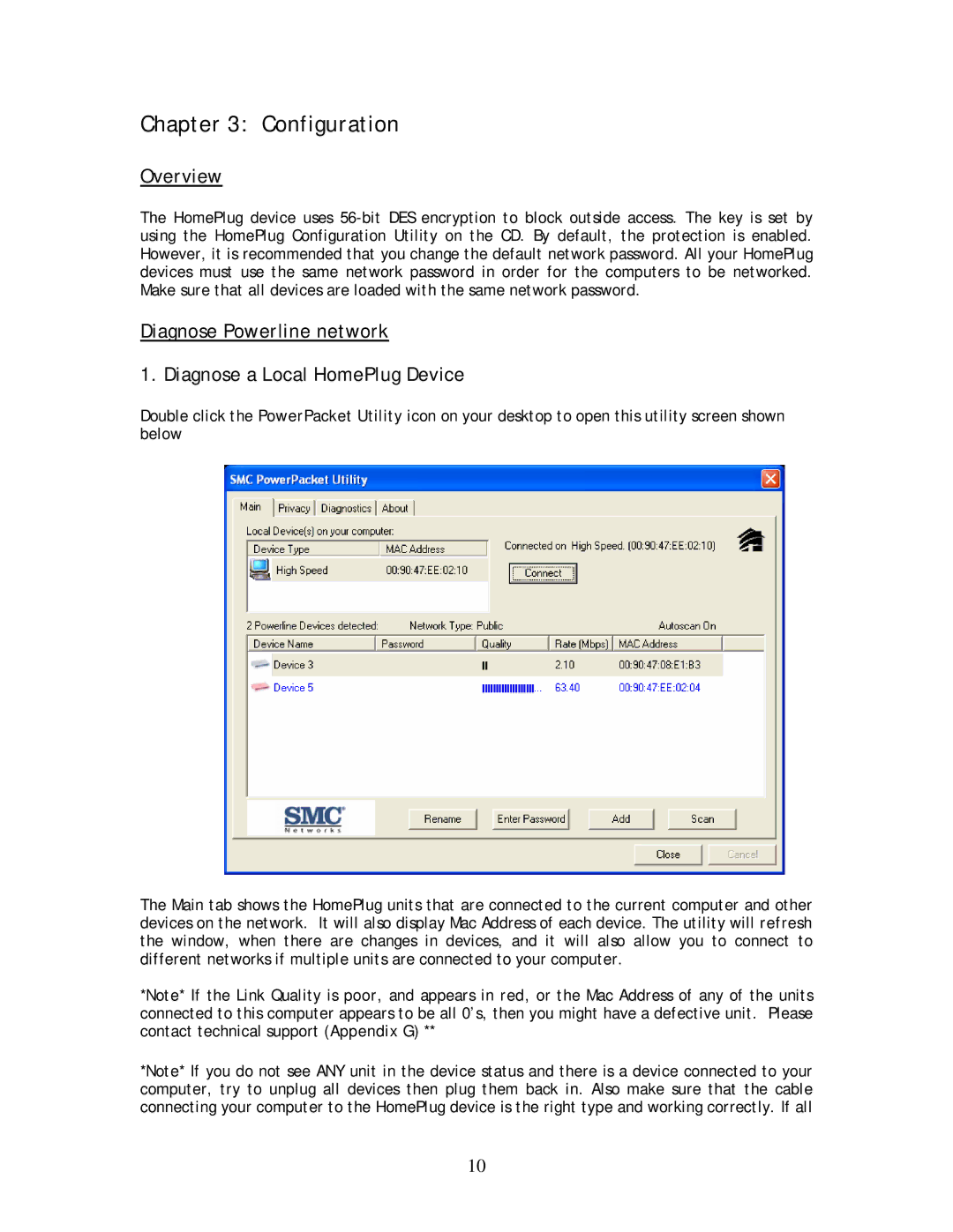 SMC Networks SMCHT-ETH manual Configuration, Diagnose Powerline network Diagnose a Local HomePlug Device 