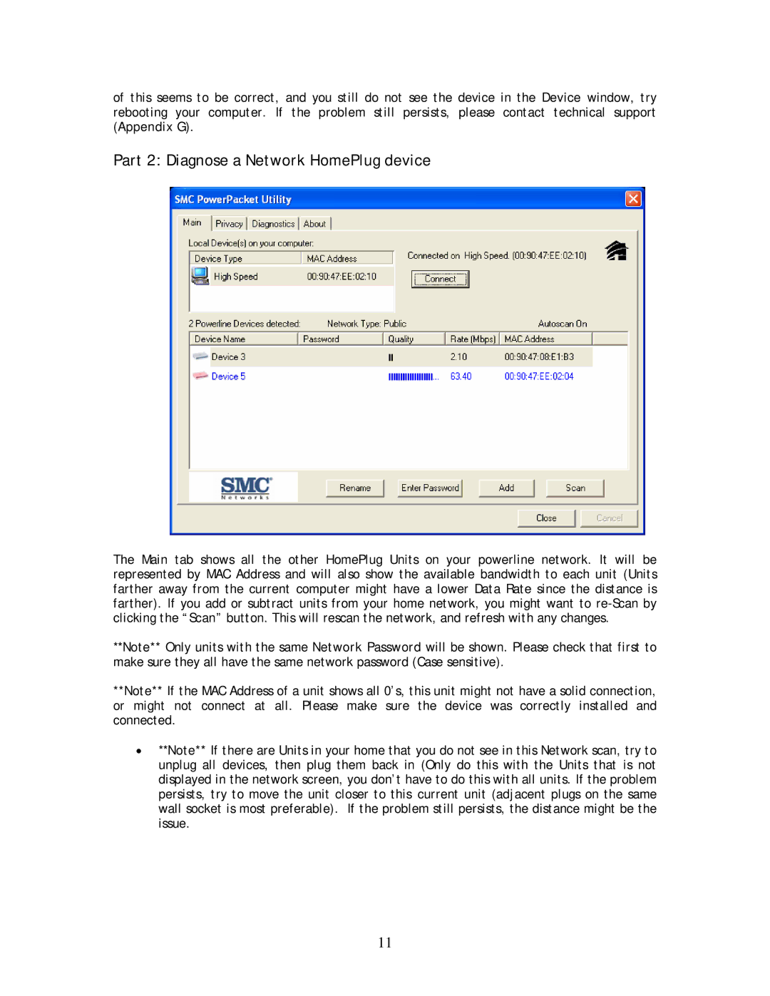 SMC Networks SMCHT-ETH manual Part 2 Diagnose a Network HomePlug device 