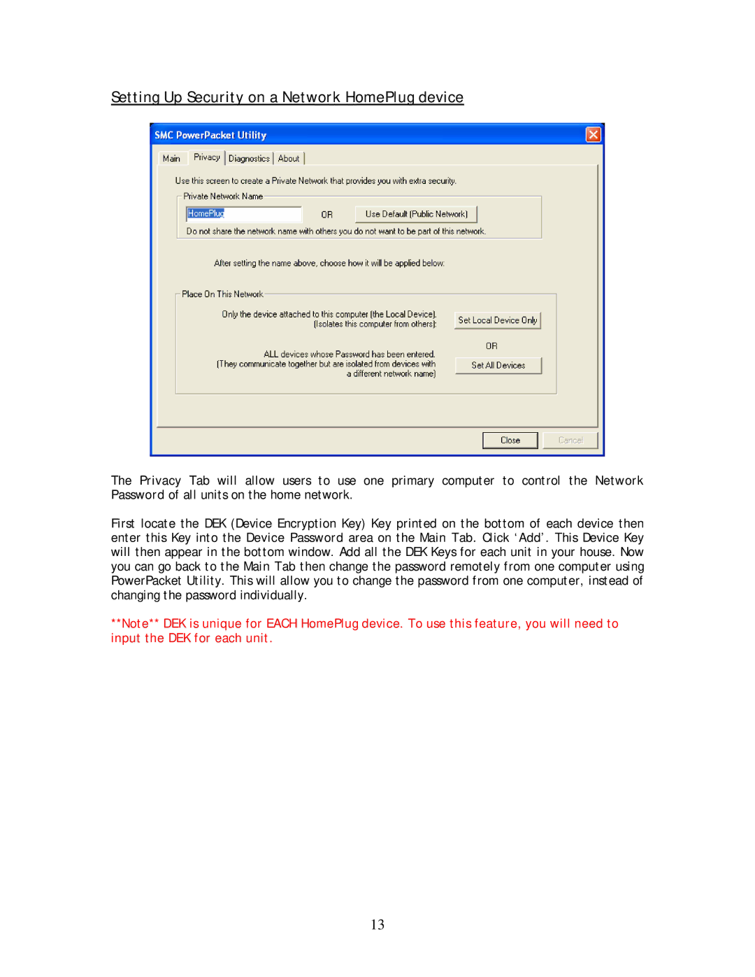 SMC Networks SMCHT-ETH manual Setting Up Security on a Network HomePlug device 