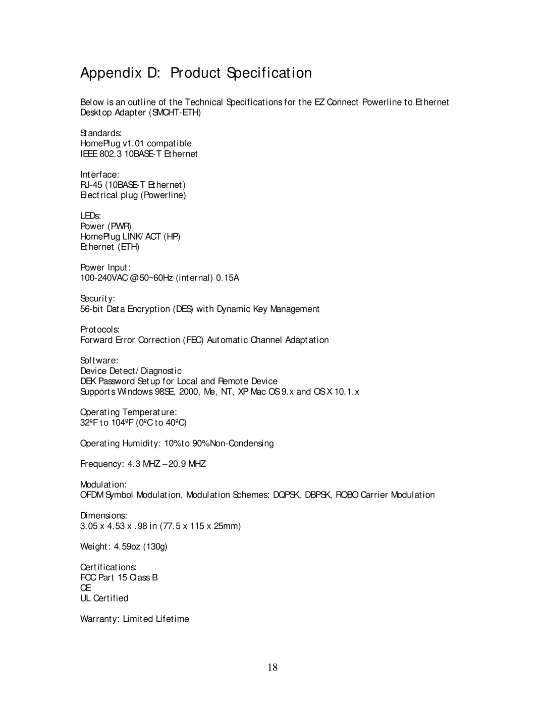 SMC Networks SMCHT-ETH manual Appendix D Product Specification 