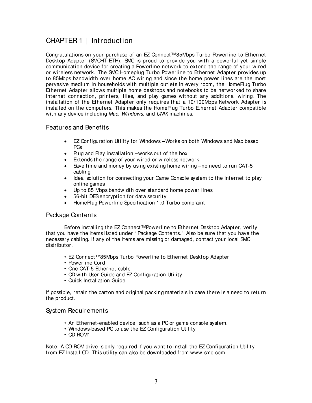 SMC Networks SMCHT-ETH manual Introduction, Features and Benefits, Package Contents, System Requirements 