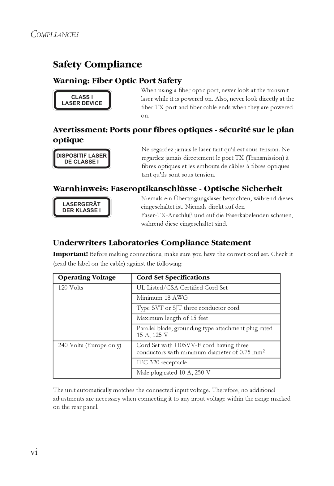 SMC Networks SMCBGSLCX1, SMCRPS600W*, SMCBGLLCX1 Safety Compliance, Warnhinweis Faseroptikanschlüsse Optische Sicherheit 