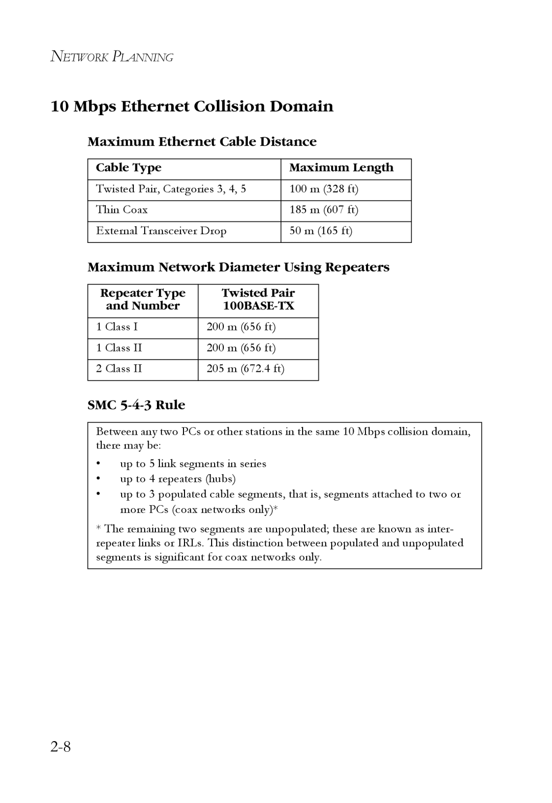 SMC Networks SMCRPS600W*, SMCBGSLCX1 manual Mbps Ethernet Collision Domain, Maximum Ethernet Cable Distance, SMC 5-4-3 Rule 