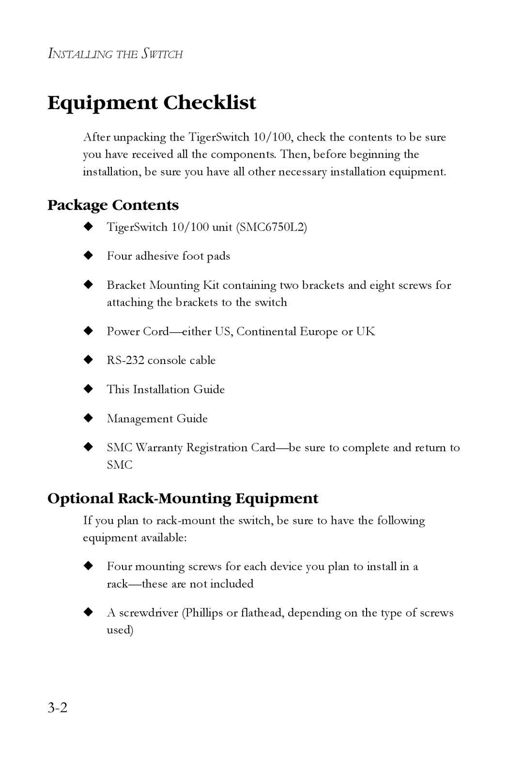 SMC Networks SMCBGSLCX1, SMCRPS600W*, SMCBGLLCX1 Equipment Checklist, Package Contents, Optional Rack-Mounting Equipment 