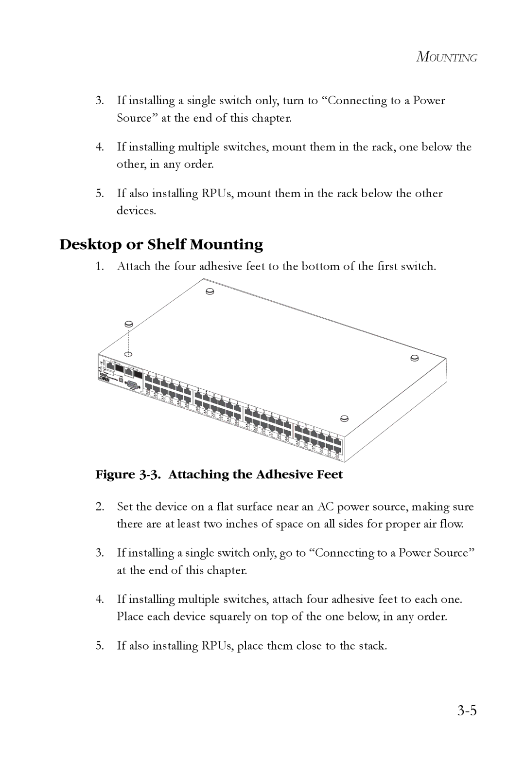 SMC Networks SMCBGSLCX1, SMCRPS600W*, SMCBGLLCX1 manual Desktop or Shelf Mounting, Attaching the Adhesive Feet 