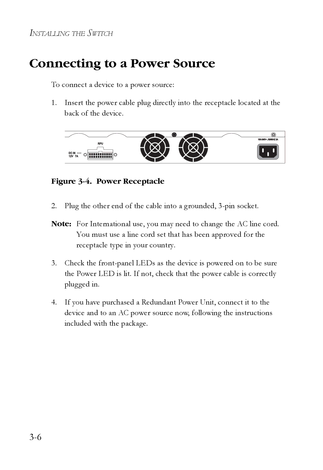 SMC Networks SMCBGLLCX1, SMCRPS600W*, SMCBGSLCX1 manual Connecting to a Power Source, Power Receptacle 