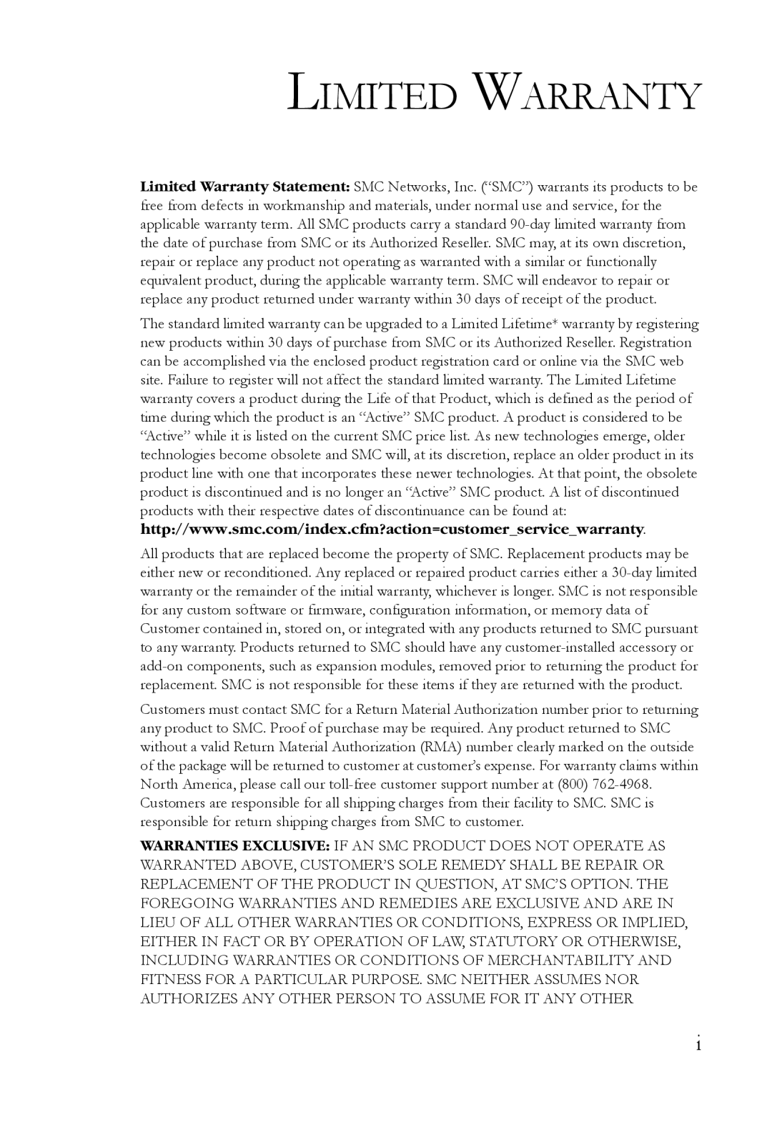 SMC Networks SMCBGLLCX1, SMCRPS600W*, SMCBGSLCX1 manual Limited Warranty 