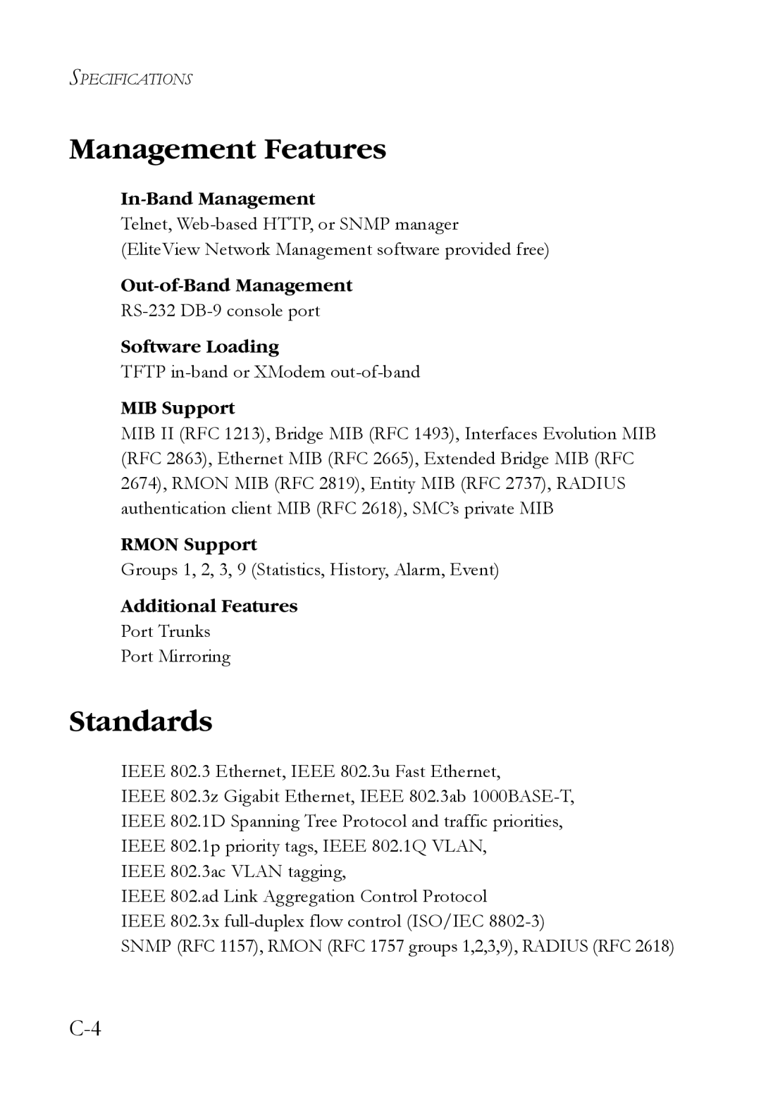 SMC Networks SMCBGLLCX1, SMCRPS600W*, SMCBGSLCX1 manual Management Features, Standards 