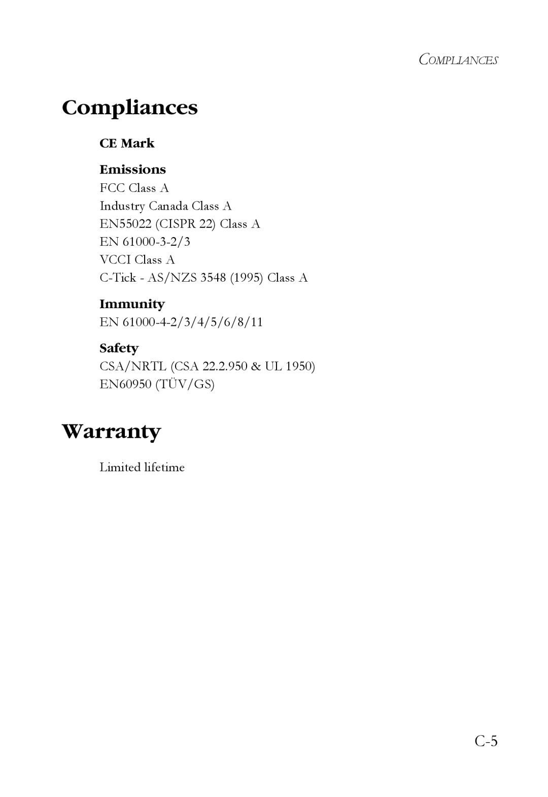 SMC Networks SMCRPS600W*, SMCBGSLCX1, SMCBGLLCX1 manual Compliances, Warranty, CE Mark Emissions, Immunity, Safety 