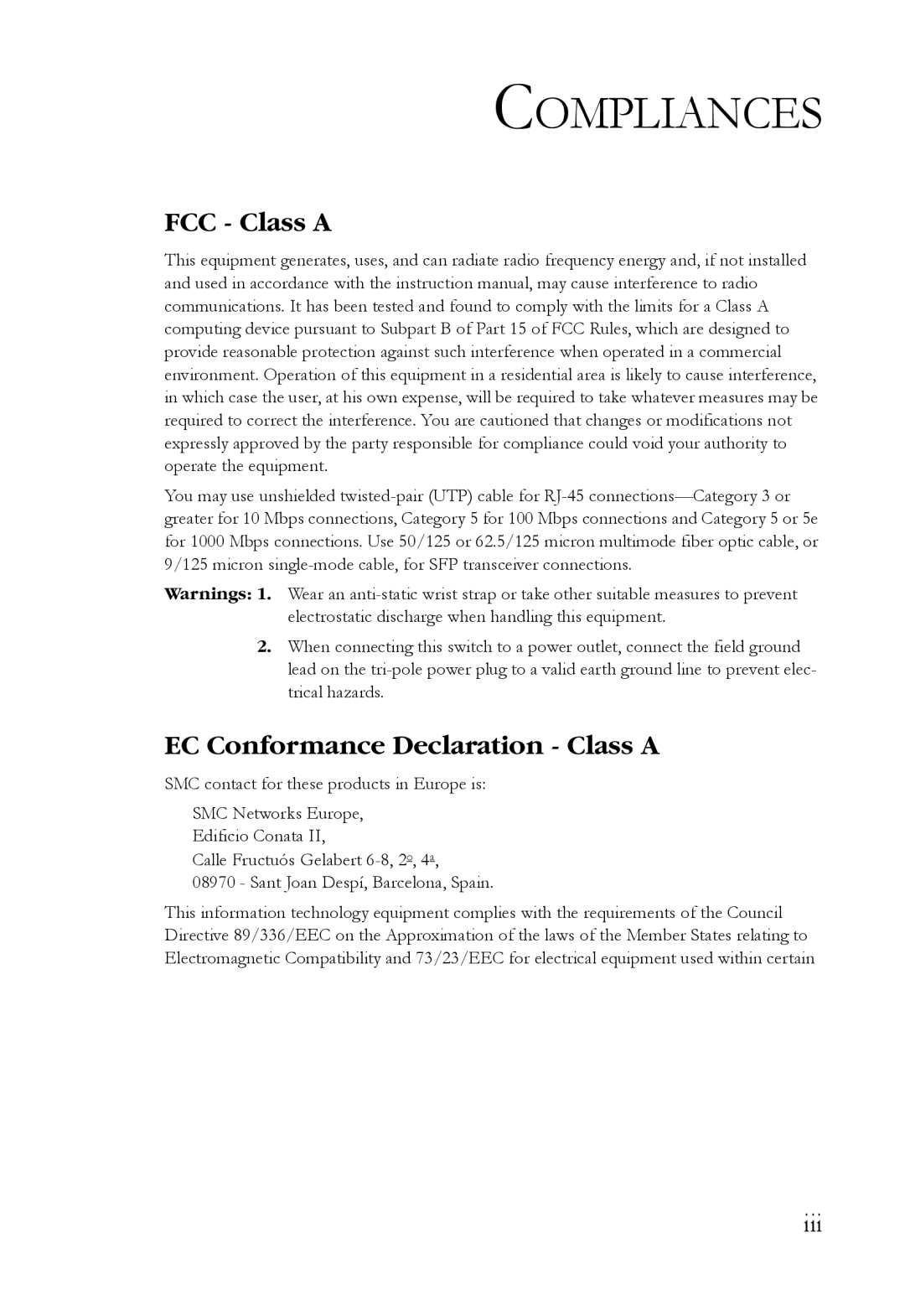 SMC Networks SMCBGSLCX1, SMCRPS600W*, SMCBGLLCX1 manual Compliances, FCC Class a, EC Conformance Declaration Class a, Iii 