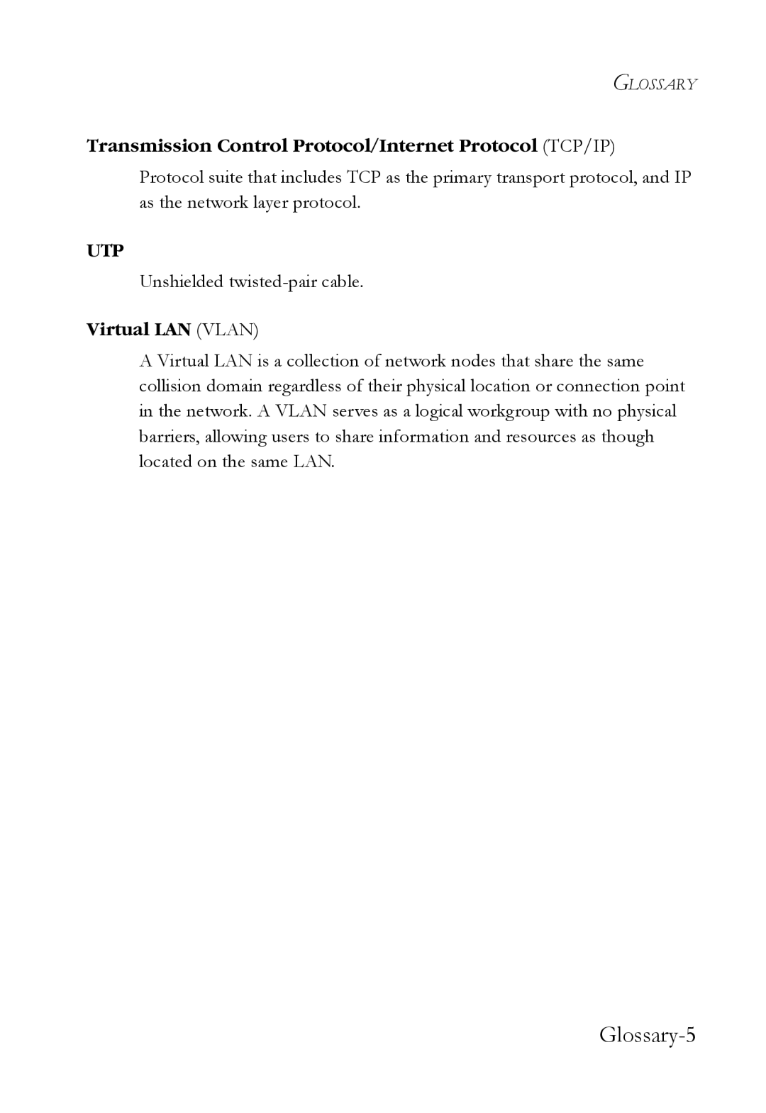 SMC Networks SMCBGLLCX1, SMCRPS600W* Glossary-5, Transmission Control Protocol/Internet Protocol TCP/IP, Virtual LAN Vlan 