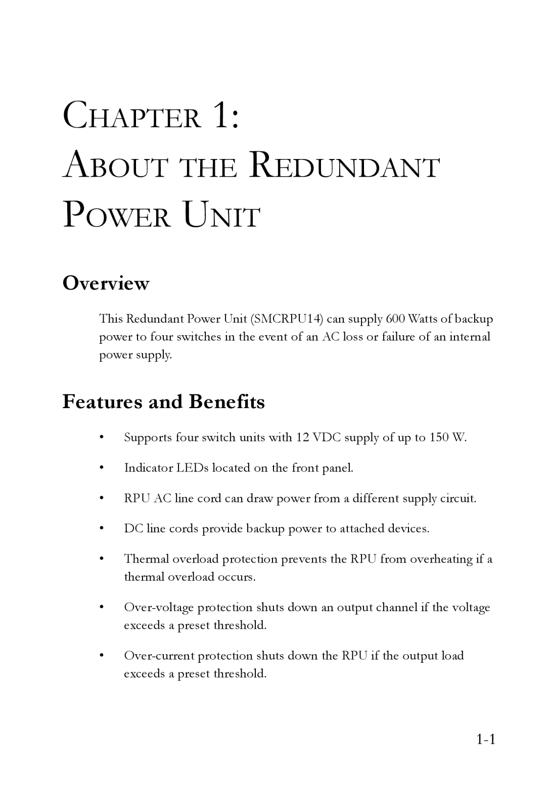 SMC Networks SMCRPU14 manual Chapter About the Redundant Power Unit, Overview, Features and Benefits 