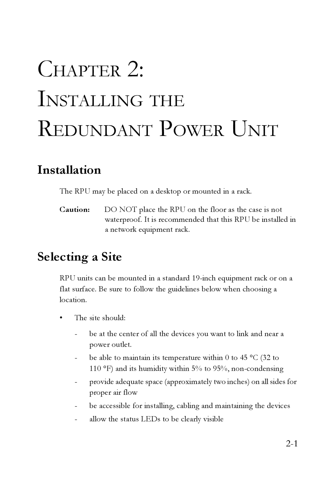 SMC Networks SMCRPU14 manual Chapter Installing Redundant Power Unit, Installation, Selecting a Site 