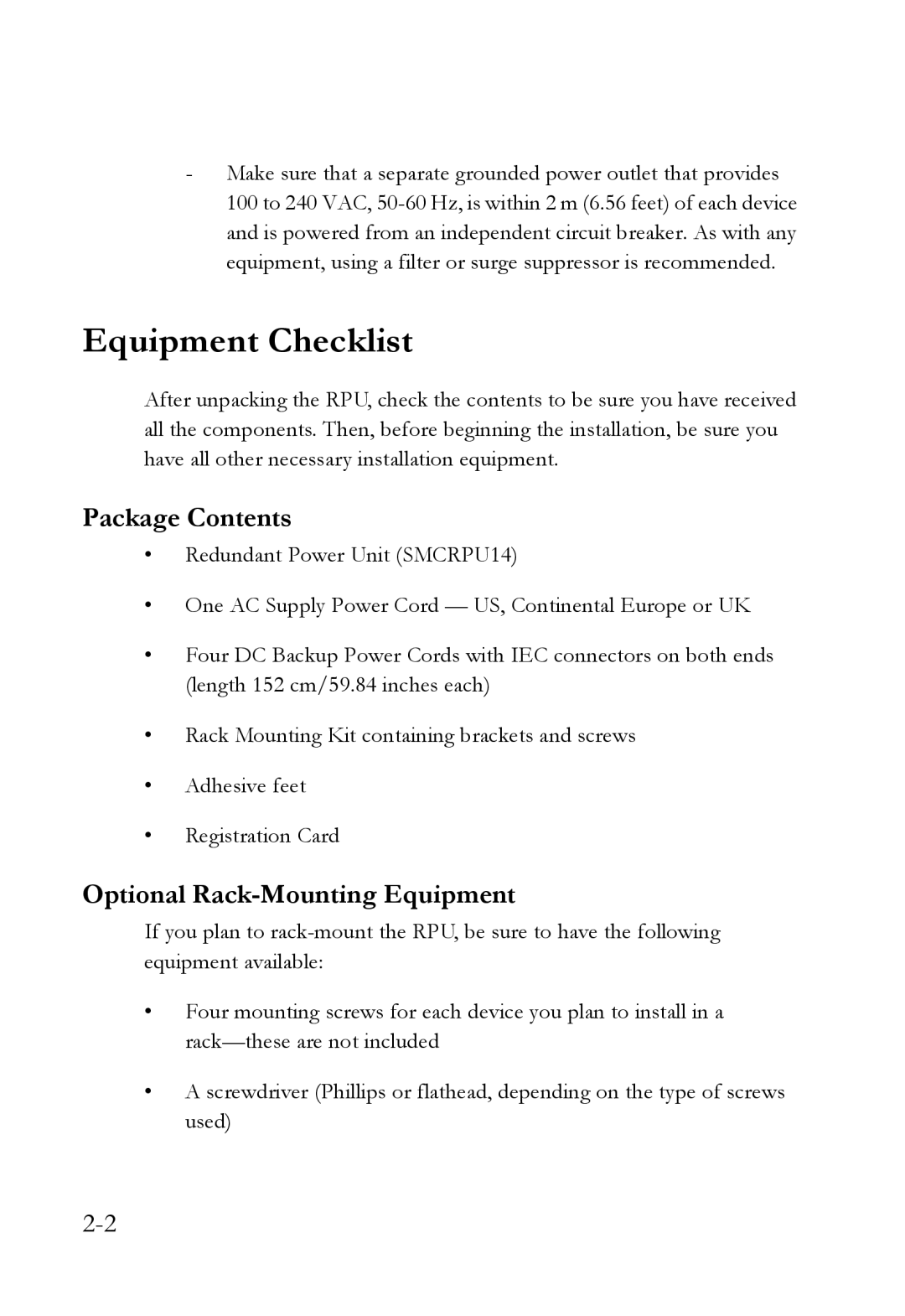 SMC Networks SMCRPU14 manual Equipment Checklist, Package Contents, Optional Rack-Mounting Equipment 