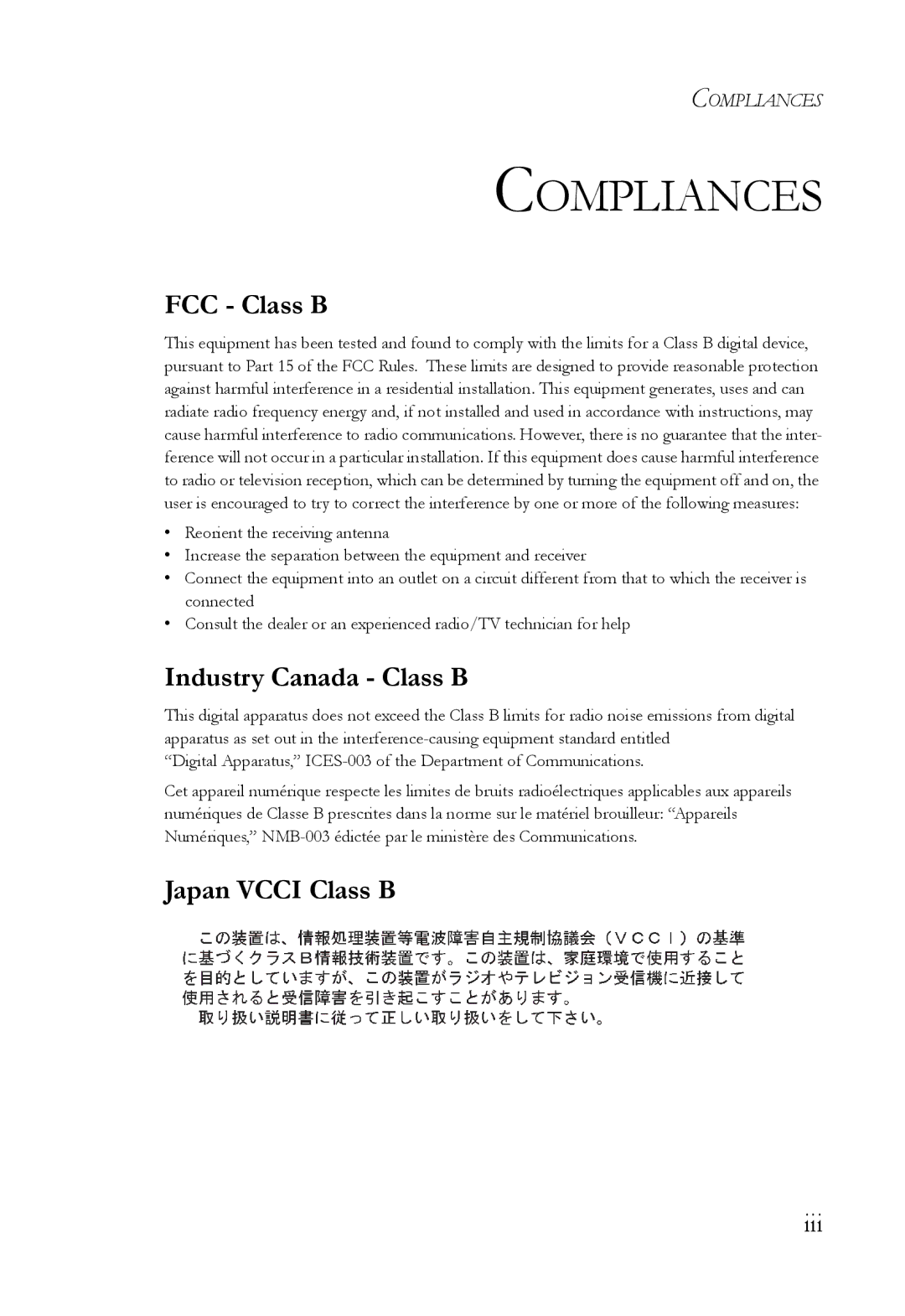 SMC Networks SMCRPU14 manual Compliances, FCC Class B, Industry Canada Class B, Japan Vcci Class B 