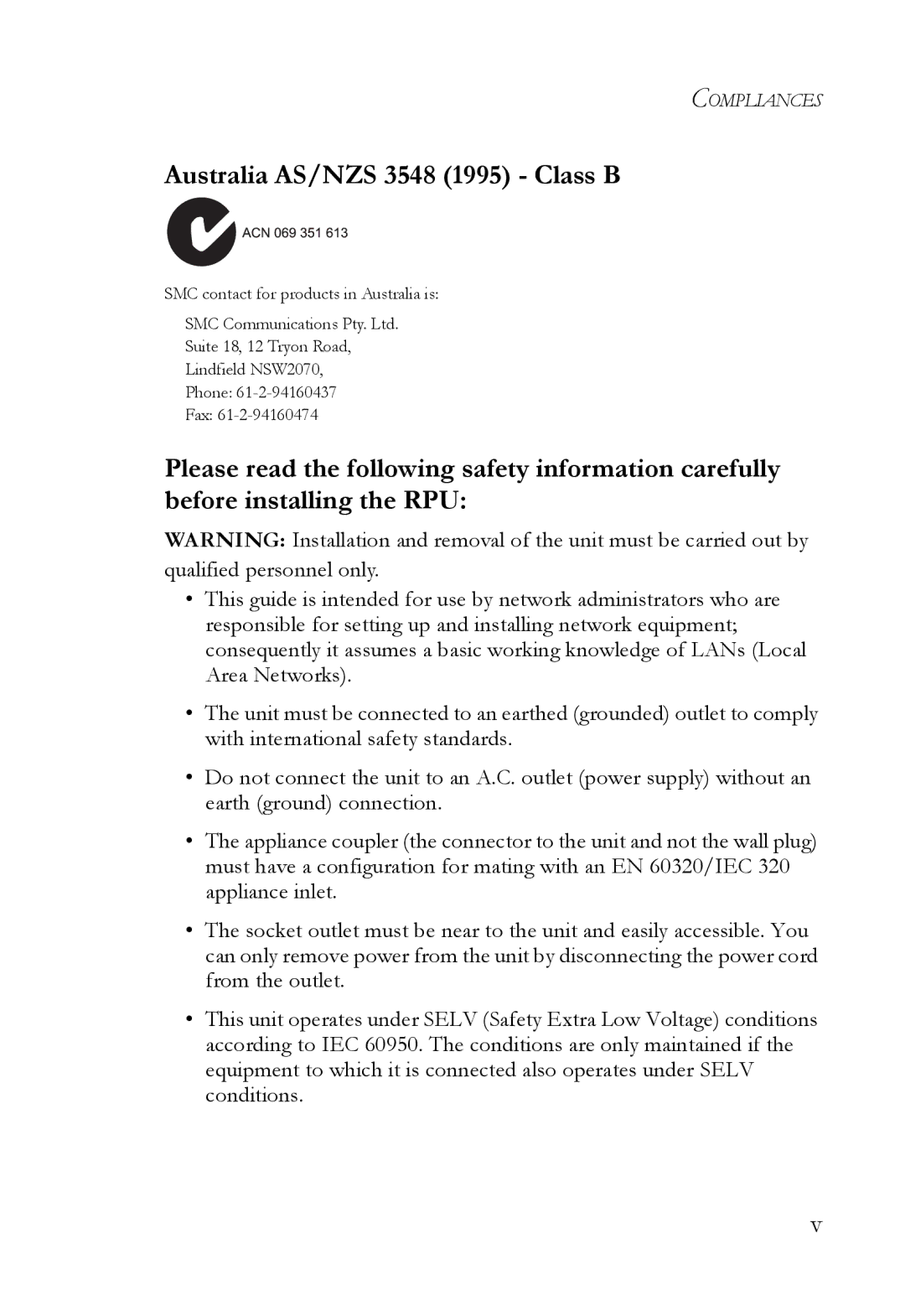 SMC Networks SMCRPU14 manual Australia AS/NZS 3548 1995 Class B 
