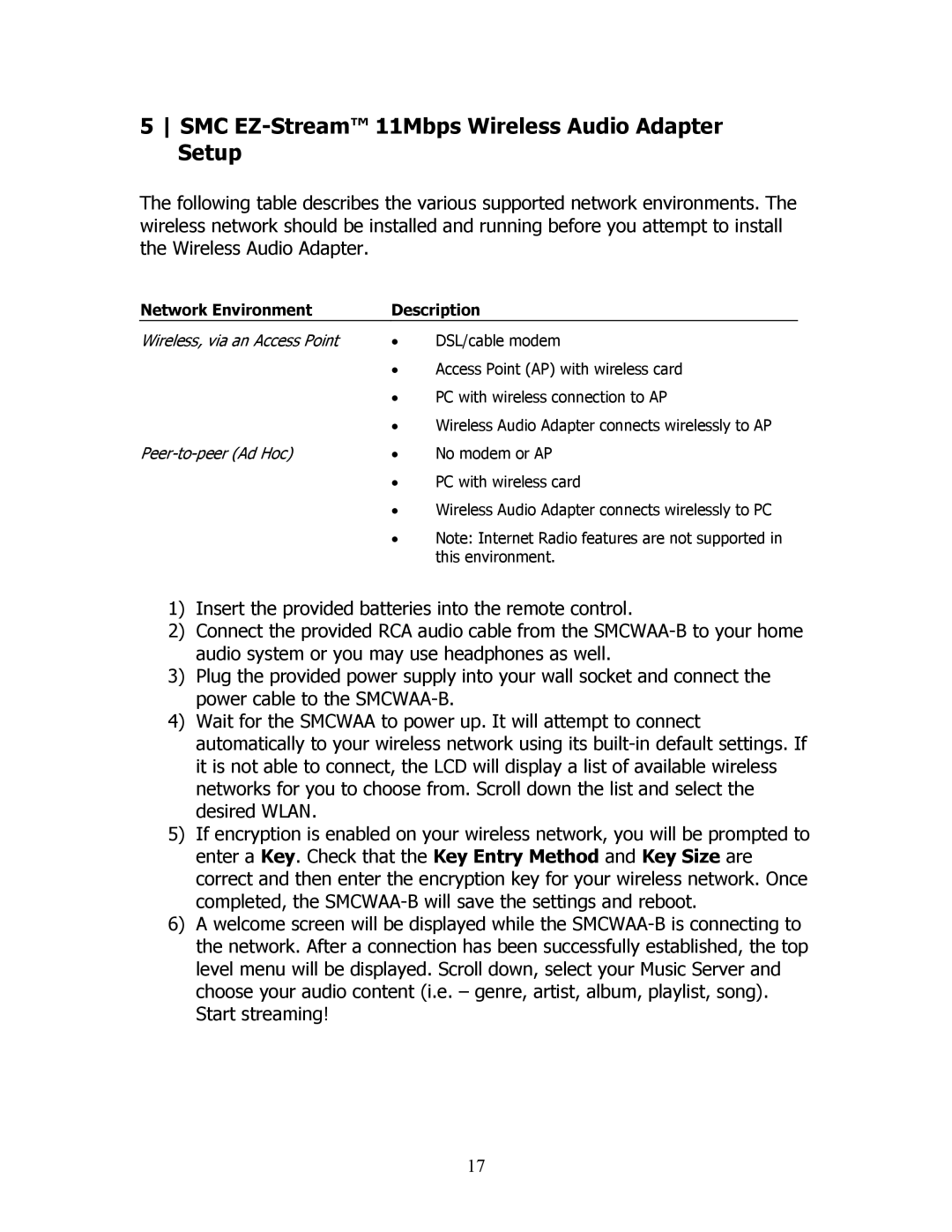 SMC Networks SMCWAA-B manual SMC EZ-Stream 11Mbps Wireless Audio Adapter Setup, Network Environment Description 