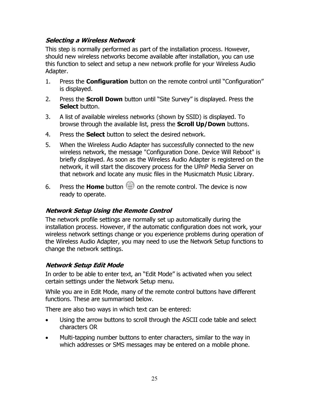 SMC Networks SMCWAA-B manual Selecting a Wireless Network, Network Setup Using the Remote Control, Network Setup Edit Mode 