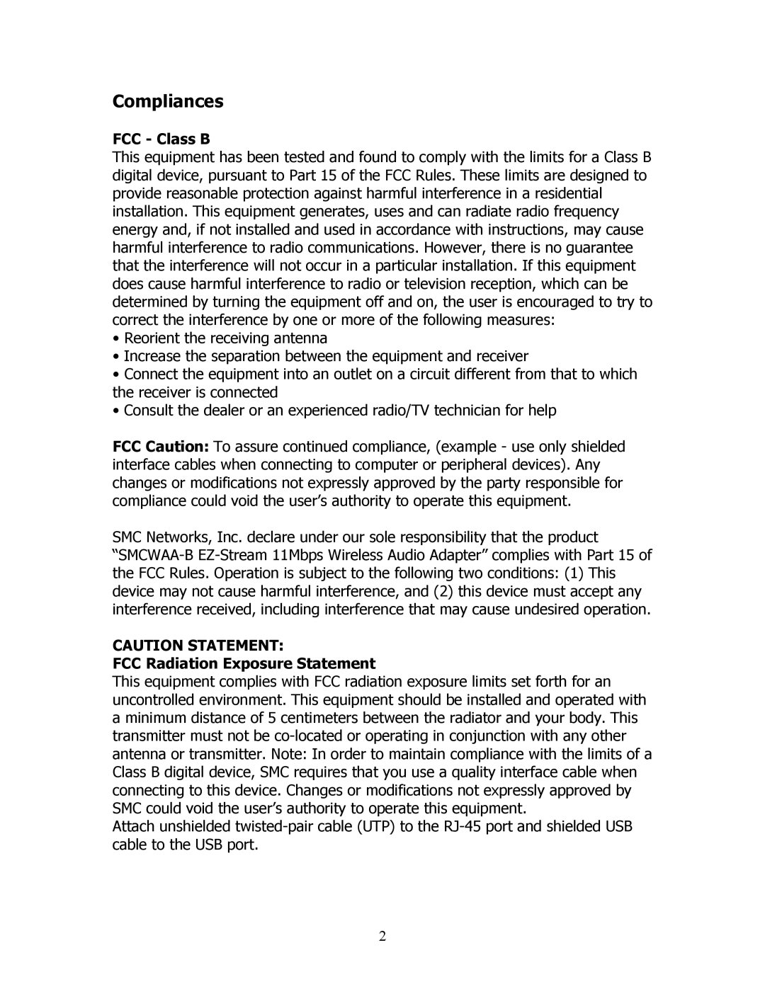 SMC Networks SMCWAA-B manual Compliances, FCC Class B, FCC Radiation Exposure Statement 