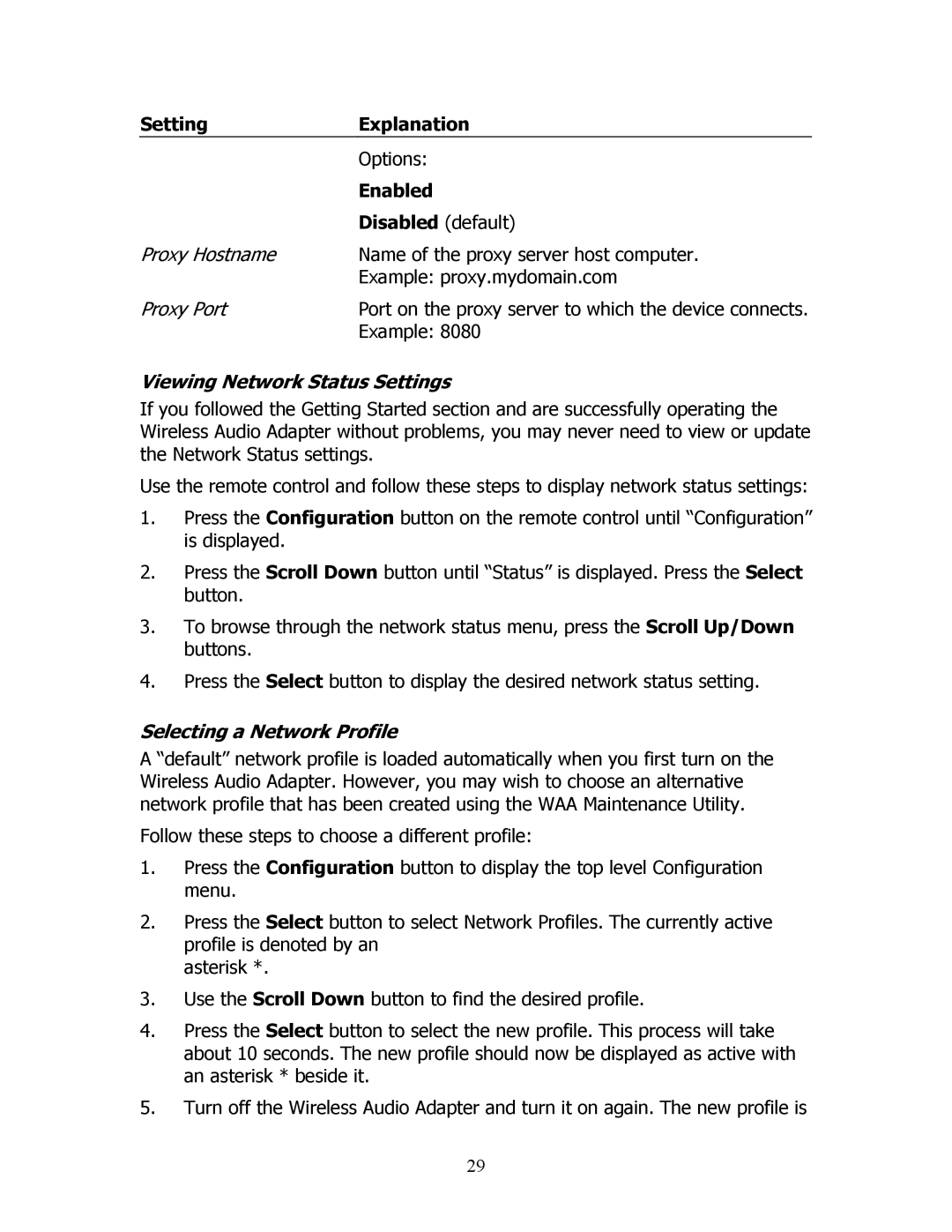 SMC Networks SMCWAA-B manual Enabled, Disabled default, Viewing Network Status Settings, Selecting a Network Profile 