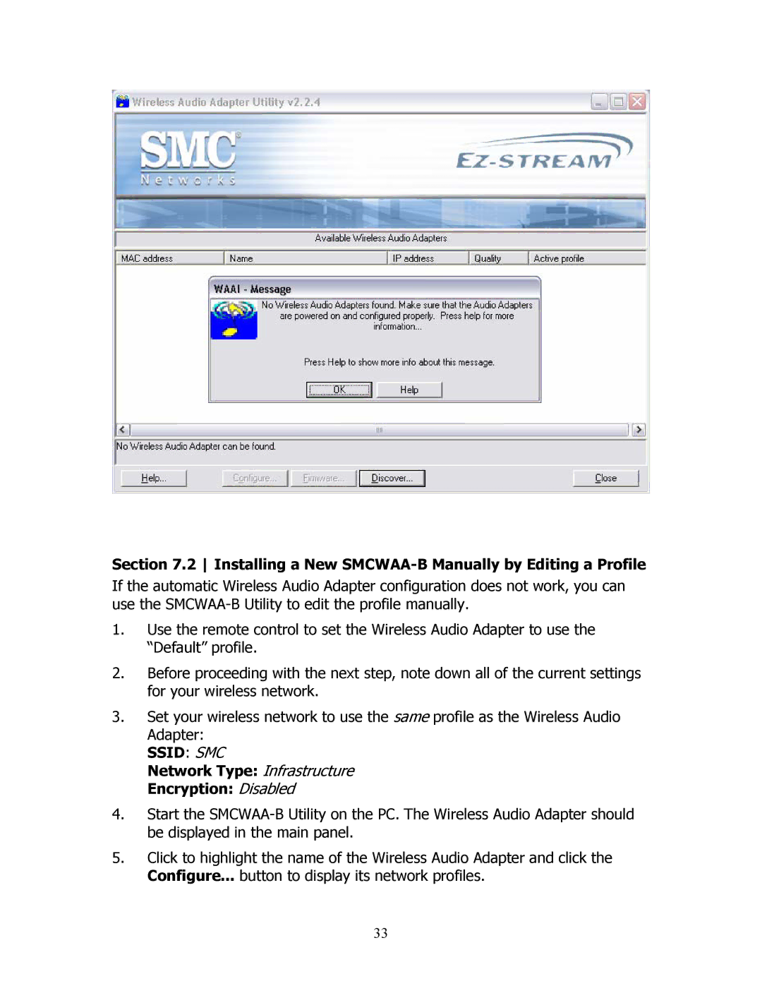 SMC Networks Installing a New SMCWAA-B Manually by Editing a Profile, Network Type Infrastructure Encryption Disabled 