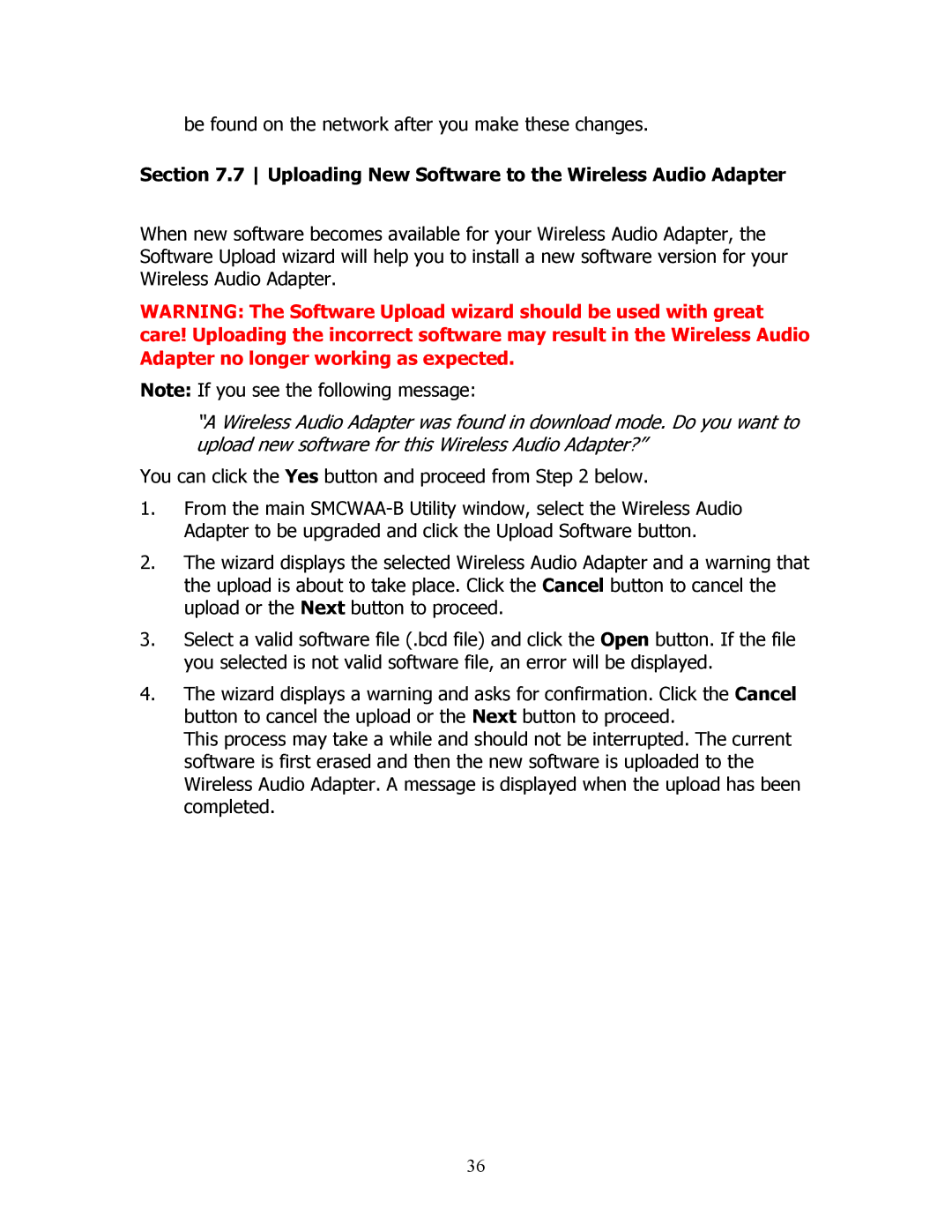 SMC Networks SMCWAA-B manual Uploading New Software to the Wireless Audio Adapter 