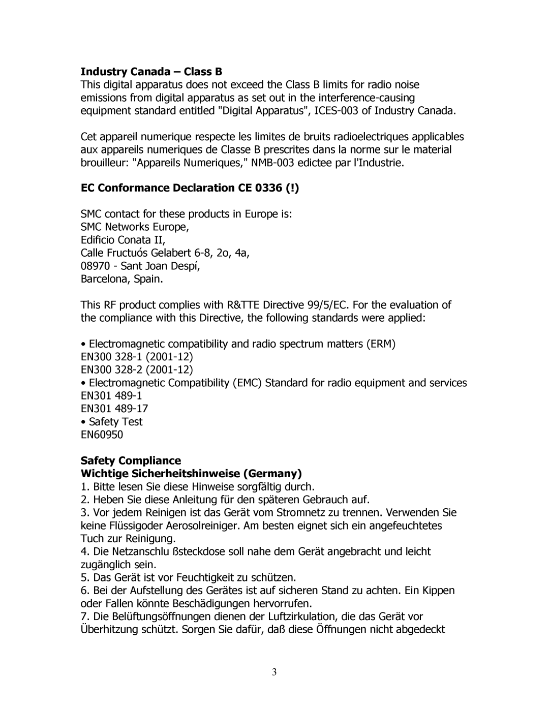 SMC Networks SMCWAA-B manual Industry Canada Class B, EC Conformance Declaration CE 