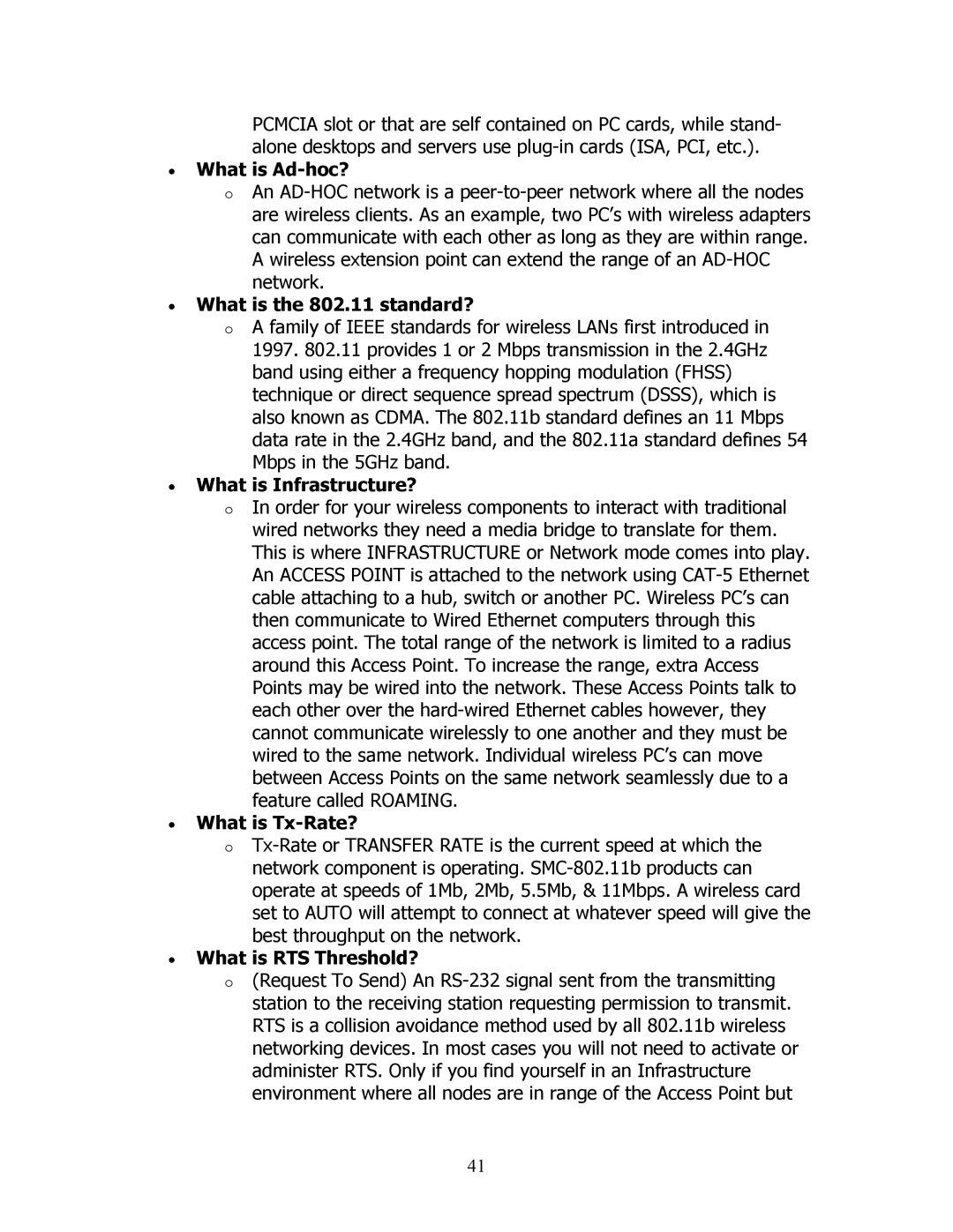 SMC Networks SMCWAA-B manual What is Ad-hoc?, What is the 802.11 standard?, What is Infrastructure?, What is Tx-Rate? 