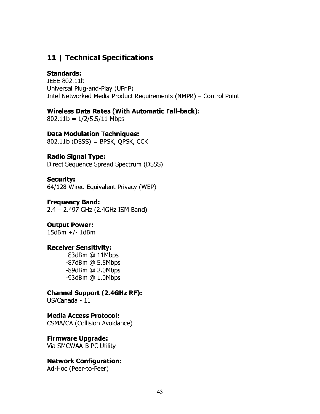 SMC Networks SMCWAA-B manual Technical Specifications 