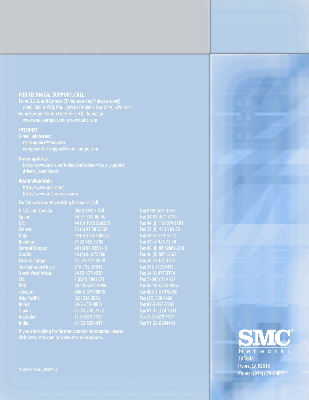 SMC Networks SMCWAA-B manual For Technical SUPPORT, Call 