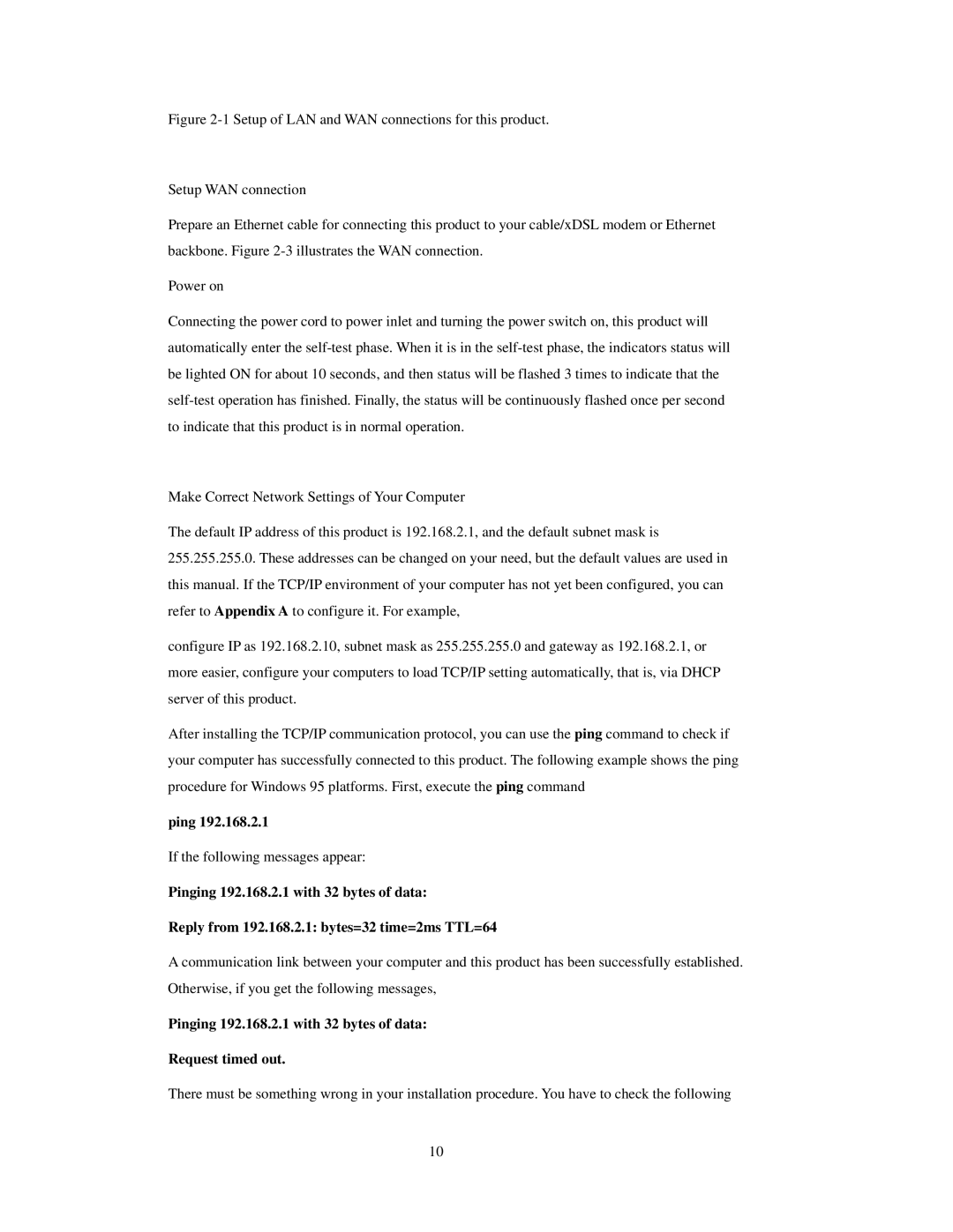 SMC Networks SMCWBR 14-GM manual Pinging 192.168.2.1 with 32 bytes of data Request timed out 