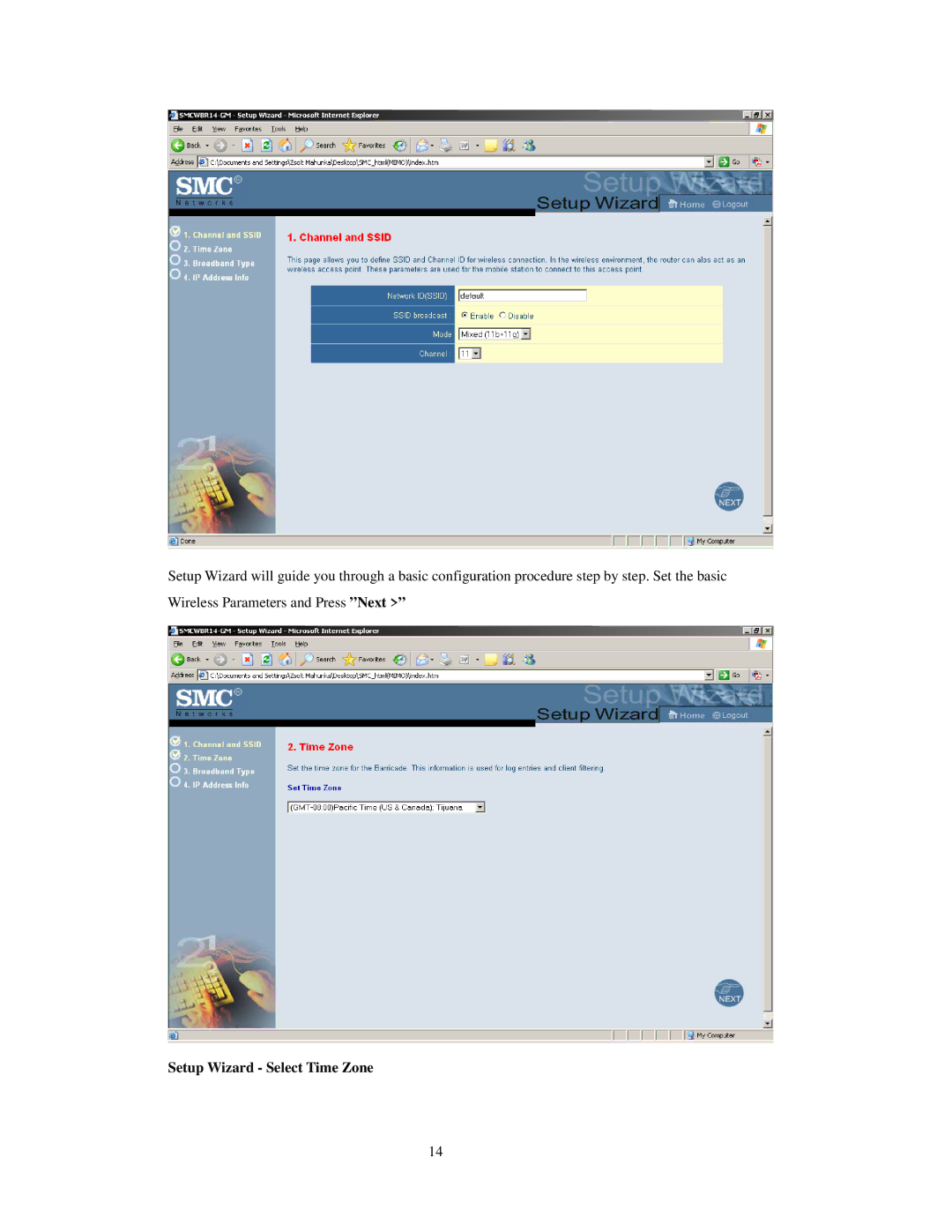 SMC Networks SMCWBR 14-GM manual Setup Wizard Select Time Zone 