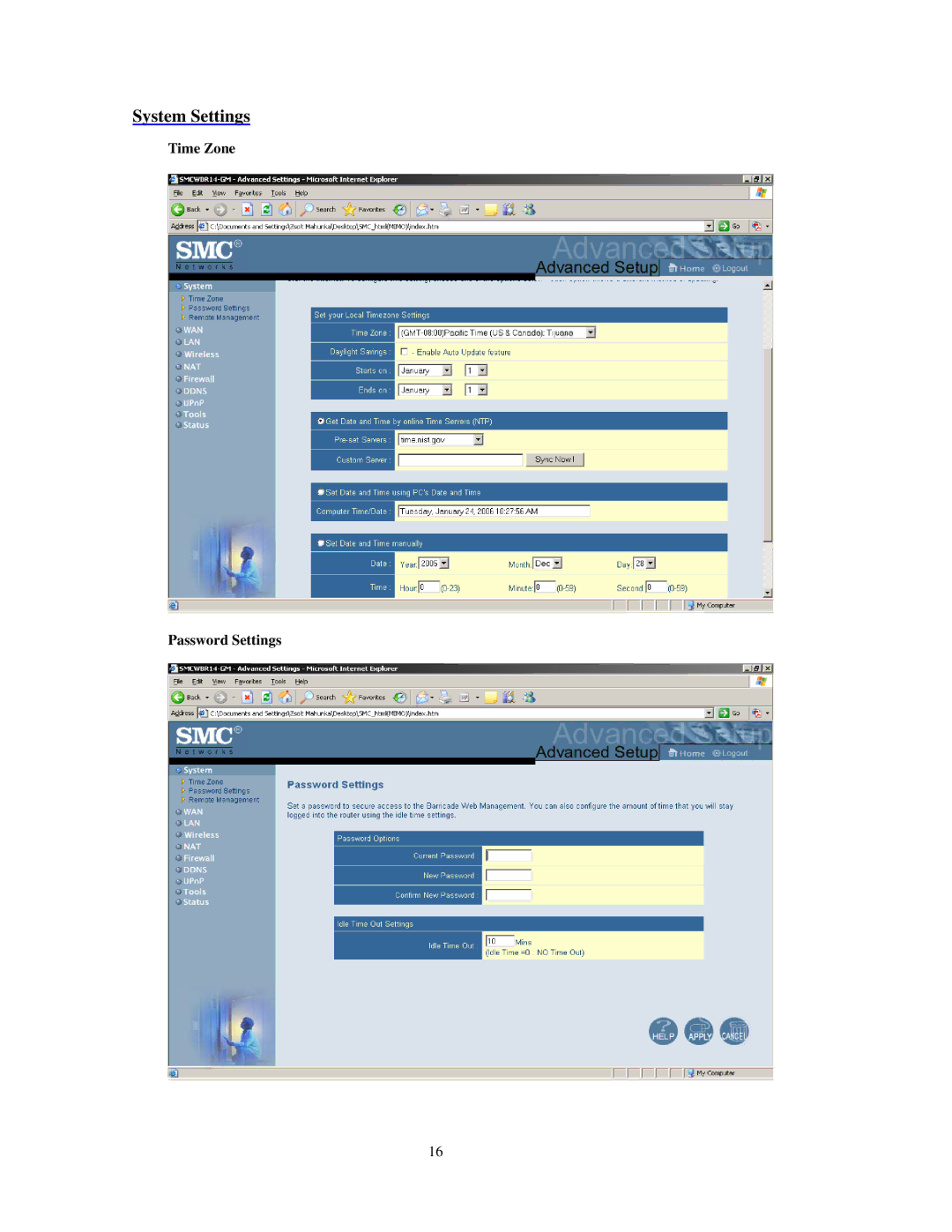 SMC Networks SMCWBR 14-GM manual System Settings, Time Zone Password Settings 