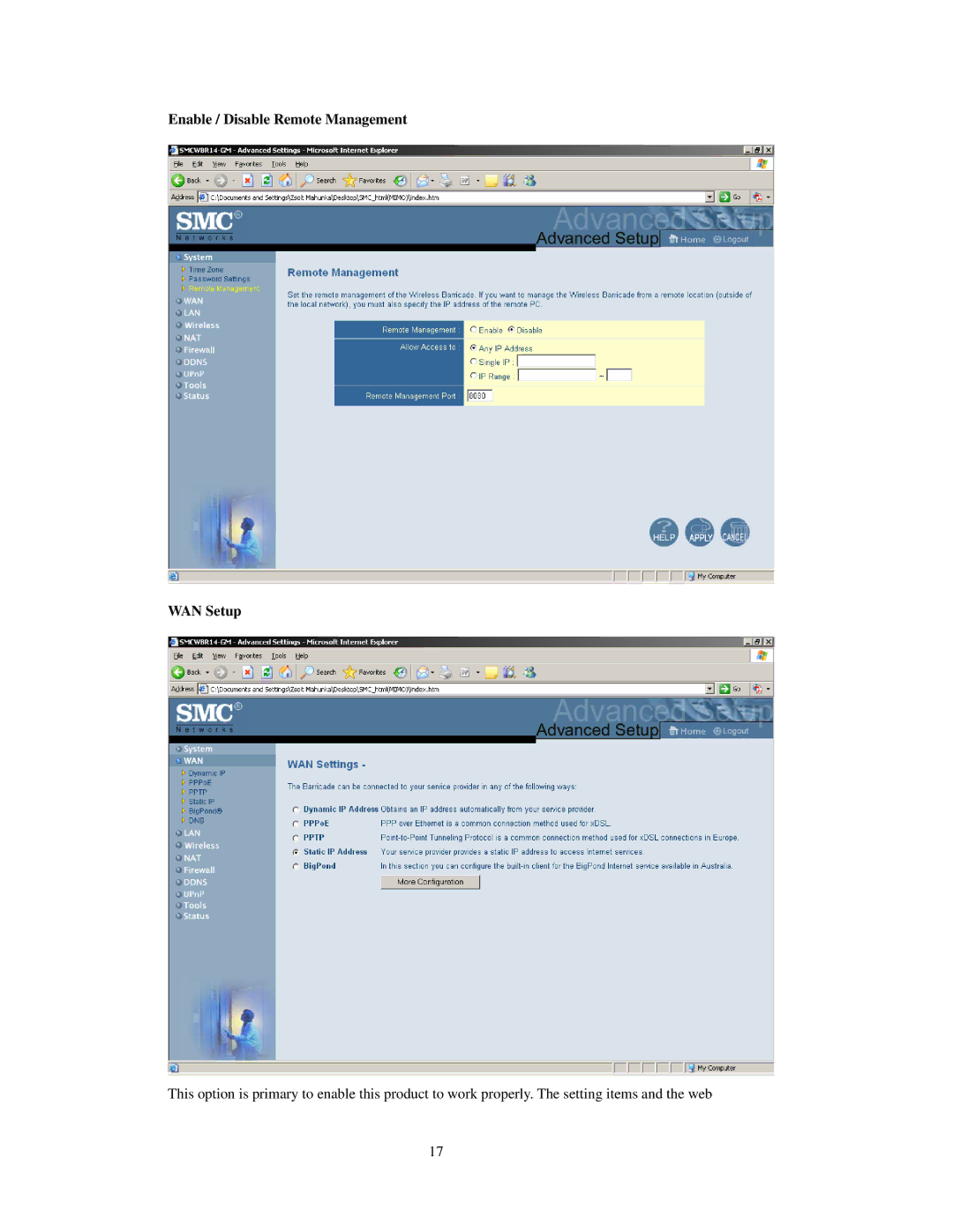 SMC Networks SMCWBR 14-GM manual Enable / Disable Remote Management WAN Setup 