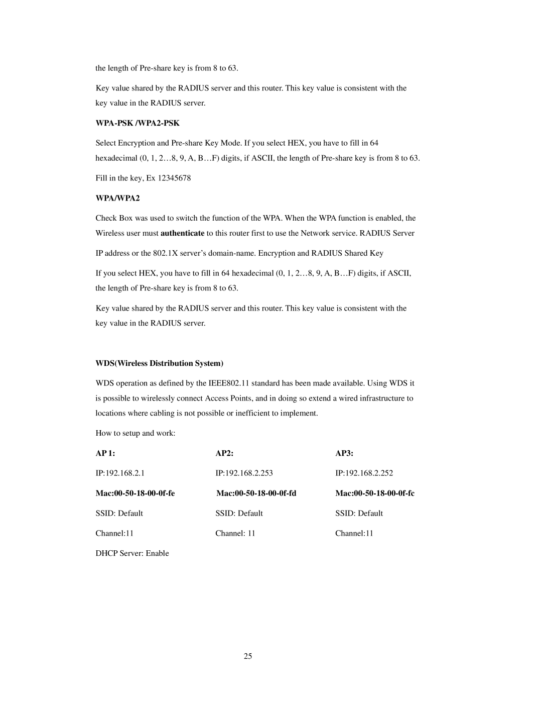 SMC Networks SMCWBR 14-GM manual WDSWireless Distribution System, AP2 AP3, Mac00-50-18-00-0f-fe Mac00-50-18-00-0f-fd 