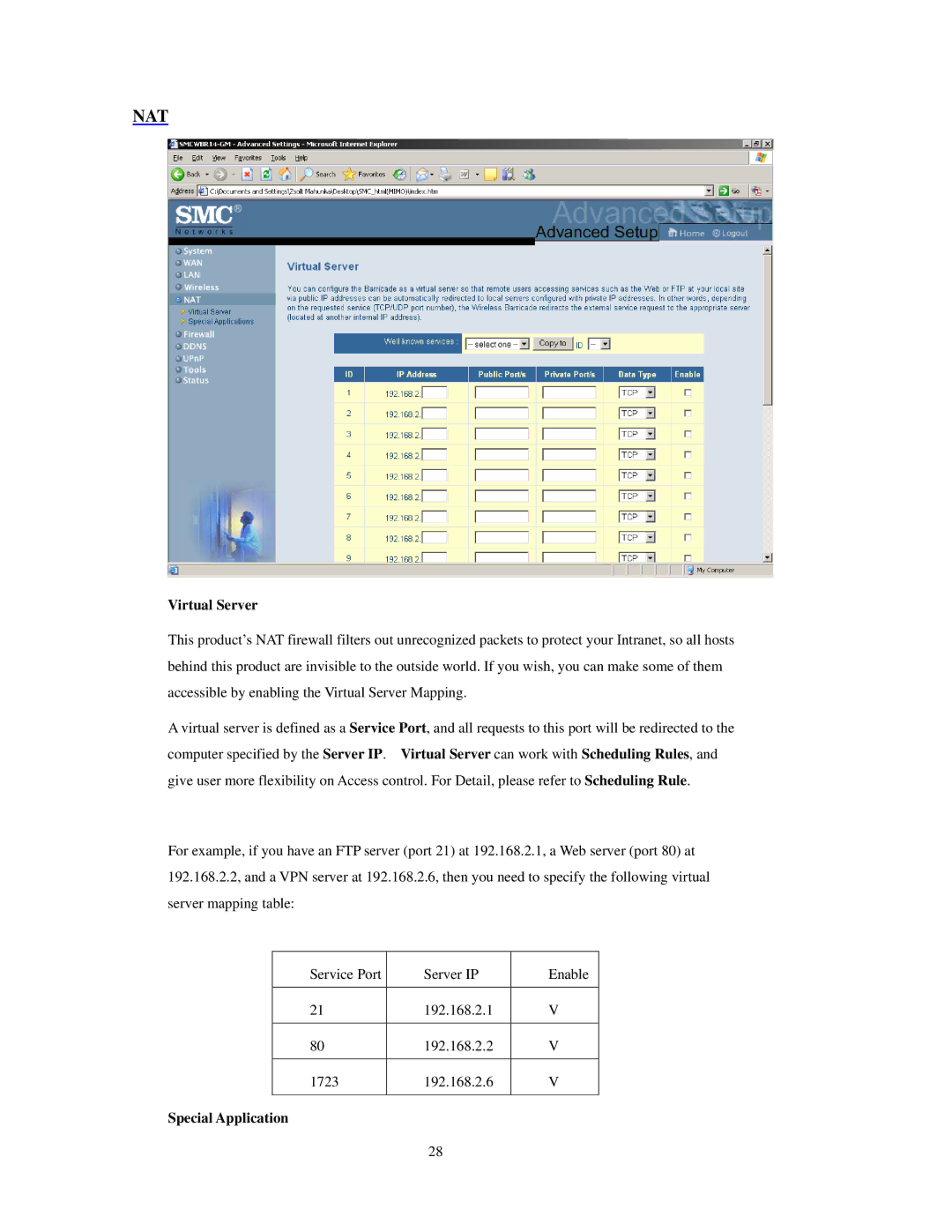 SMC Networks SMCWBR 14-GM manual Virtual Server, Special Application 